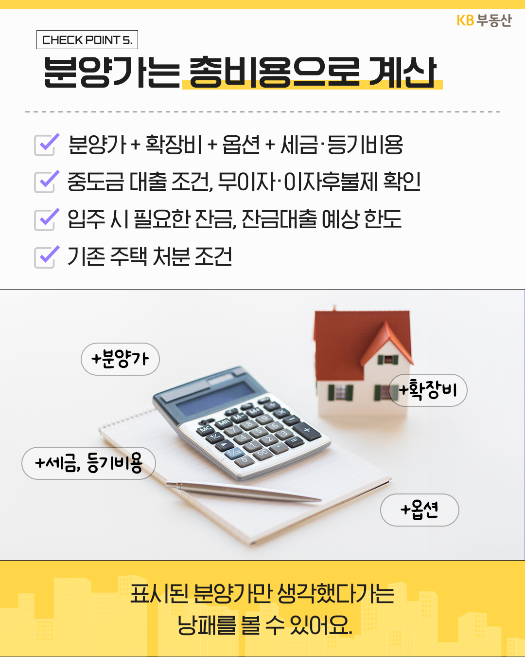 '계산기와 집 모형 사진 주변으로 분양가, 확장비, 옵션, 세금 및 등기비용 말풍선'이 떠 있으며, 표시된 분양가 외에 추가 비용과 대출 조건을 합산해 총비용으로 계산해야 함을 보여준다.