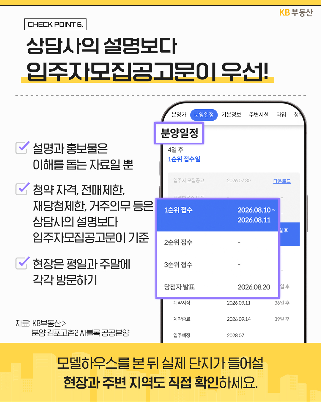 스마트폰 화면에 '분양일정 및 모집공고 정보'가 나타나 있으며, 상담사의 설명이나 홍보물보다 입주자모집공고문의 청약 자격과 일정을 직접 확인하고 현장도 함께 방문해야 함을 안내한다.