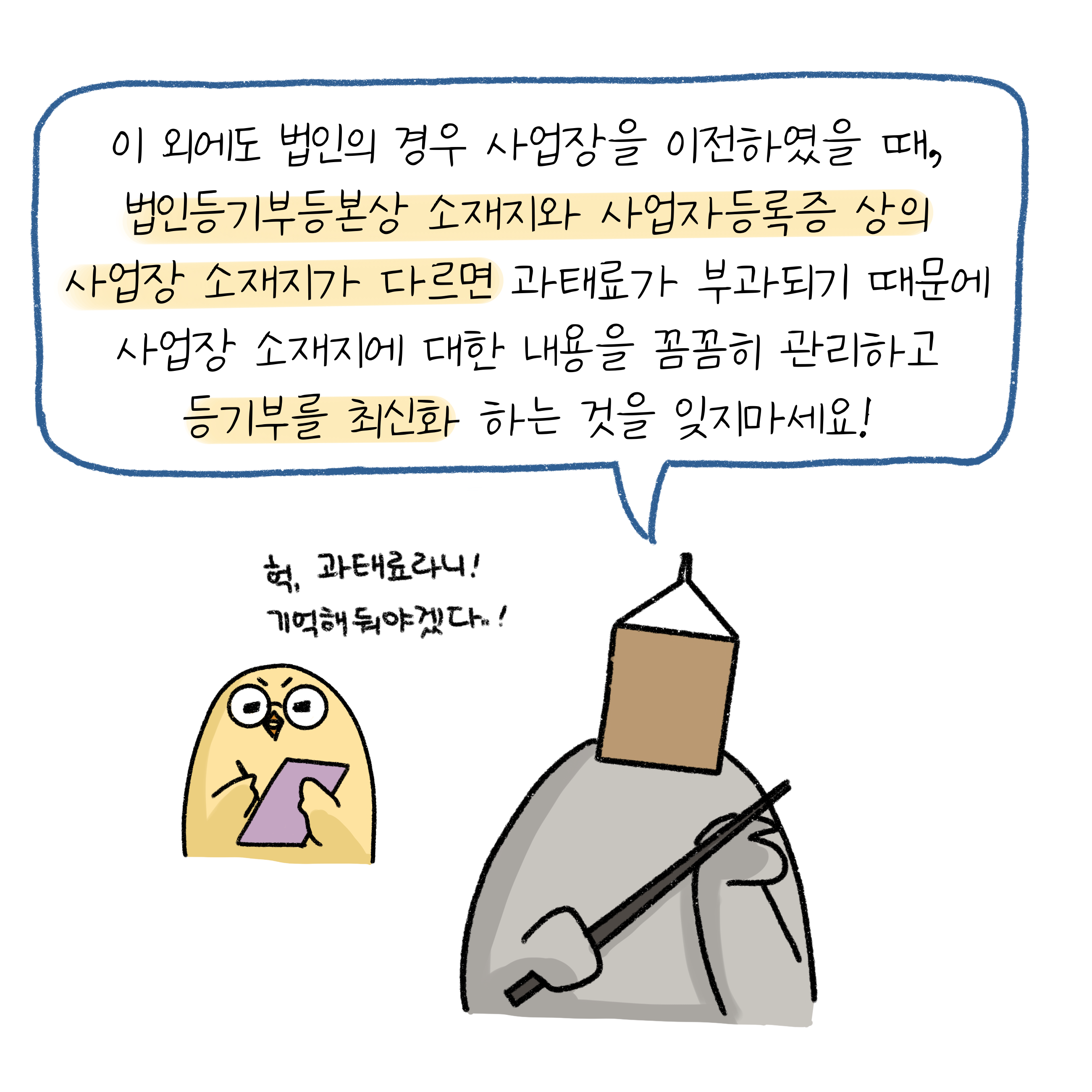 법인의 경우 사업장 이전시, '법인등기부등본상 소재지'와 '사업자등록증 상의 소재지'가 상이하면 과태료가 부가됨.