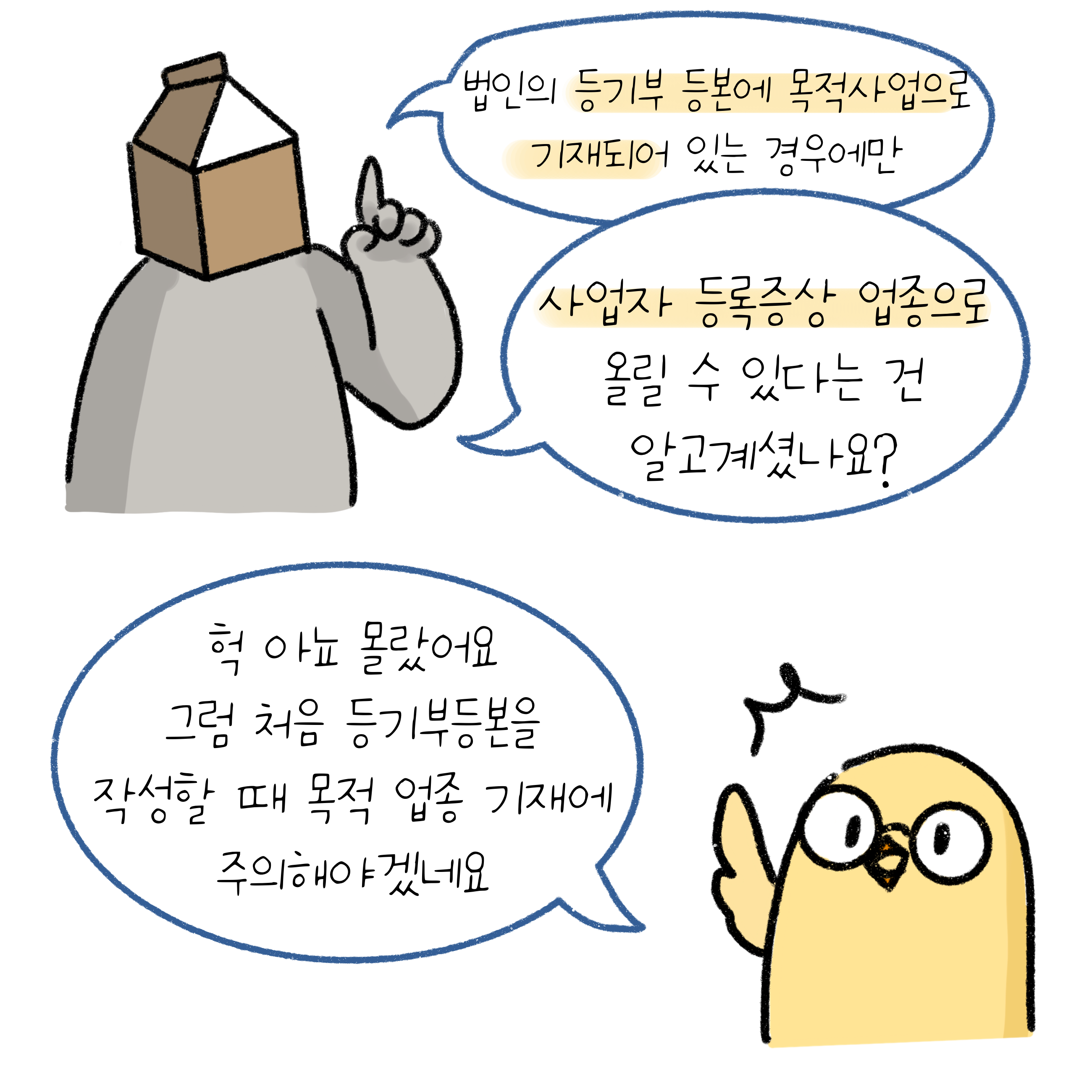 두 캐릭터가 대화하는 듯함, 법인의 '등기부 등본'에 목적사업으로 기재되어 있는 경우만 '사업자 등록증상 업종'으로 올릴 수 있음을 알려주는 듯한 모습이다.