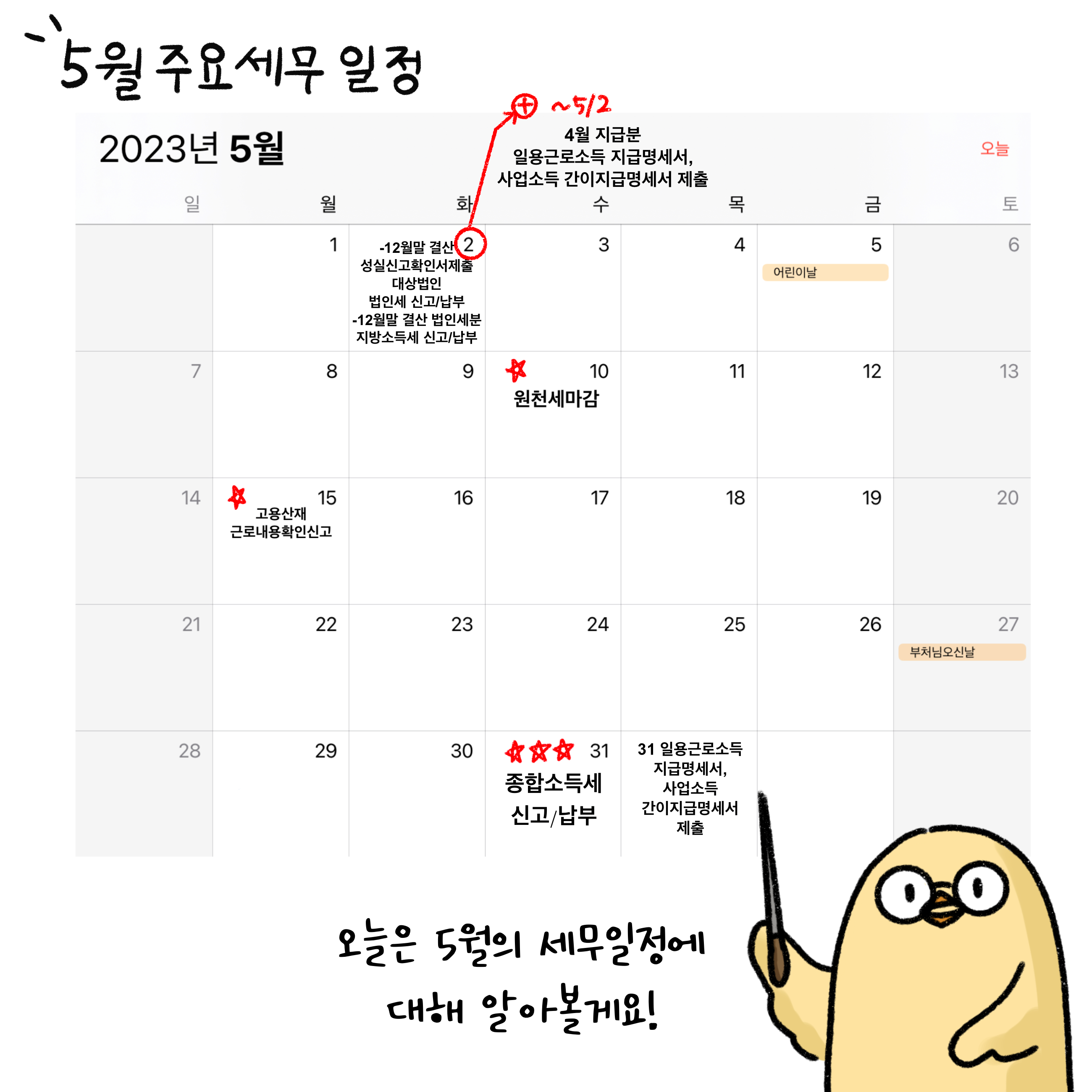 5월 '주요세무일정'을 표시한 달력을 배경으로, '오늘은 5월의 세무일정에 대해 알아볼게요!'라고 쓰여 있음.