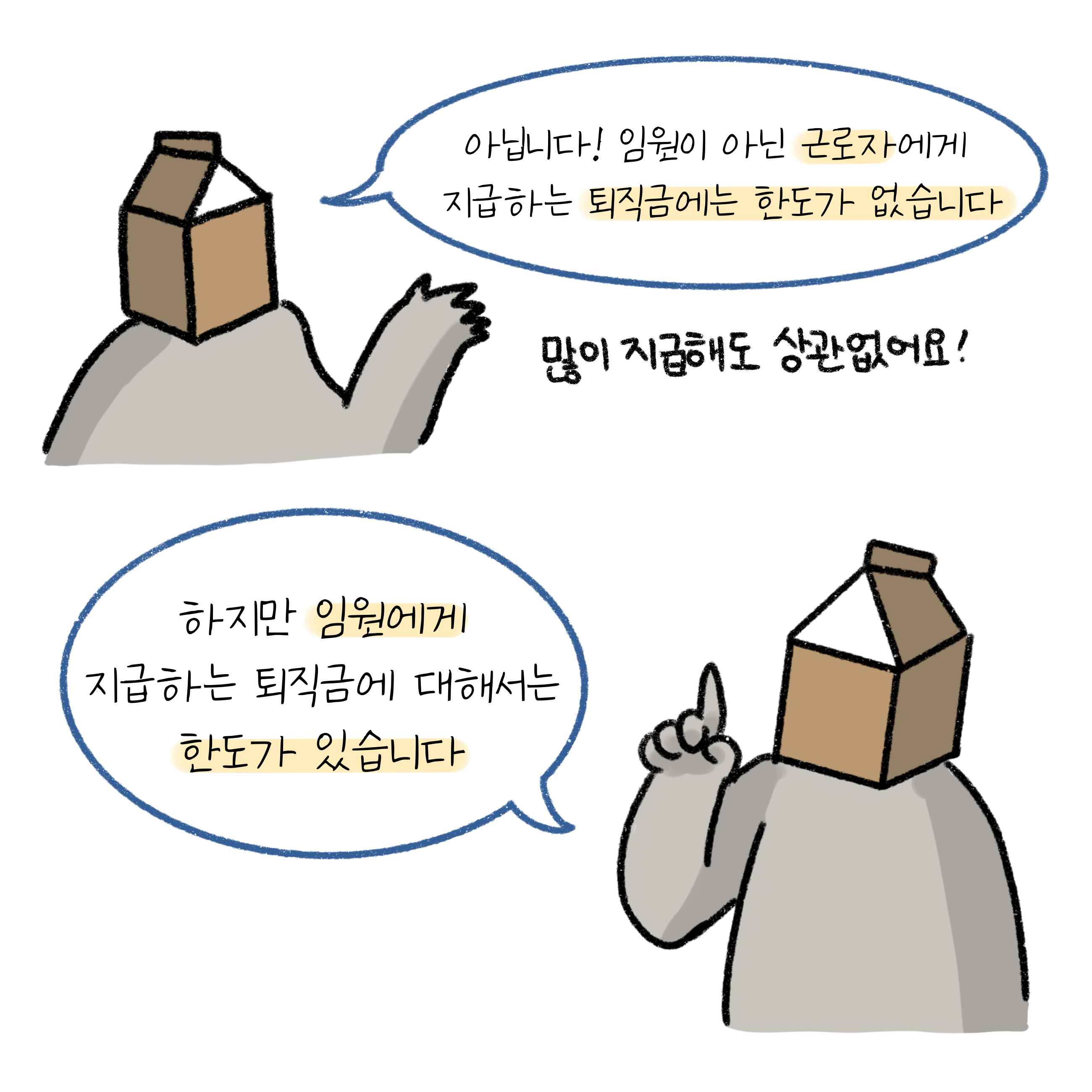 임원이 아닌 근로자에게 지급하는 퇴직금에는 한도가 없지만 임원에게 지급하는 퇴직금에는 한도가 있다고 말하는 우유곽 모양 머리를 가진 사람.