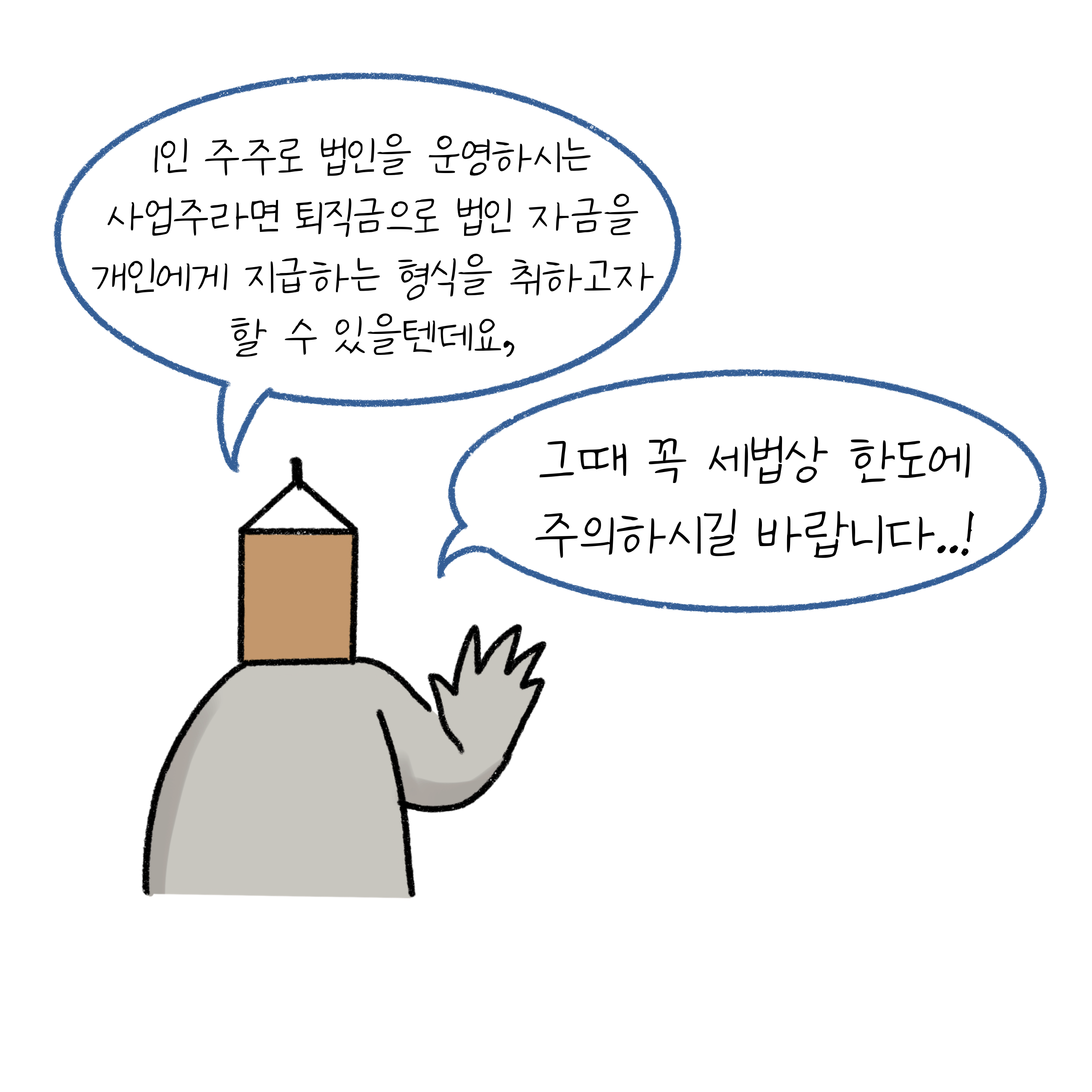 1인 주주로 법인을 운영하시는 사업주라면 퇴직금으로 법인 자금을 개인에게 지급하는 형식을 취하고다 할 수 있을텐데요, 그때 꼭 세법상 한도에 주의하시길 바랍니다. 라고 말하고 있는 우유곽 모양 머리를 한 사람.