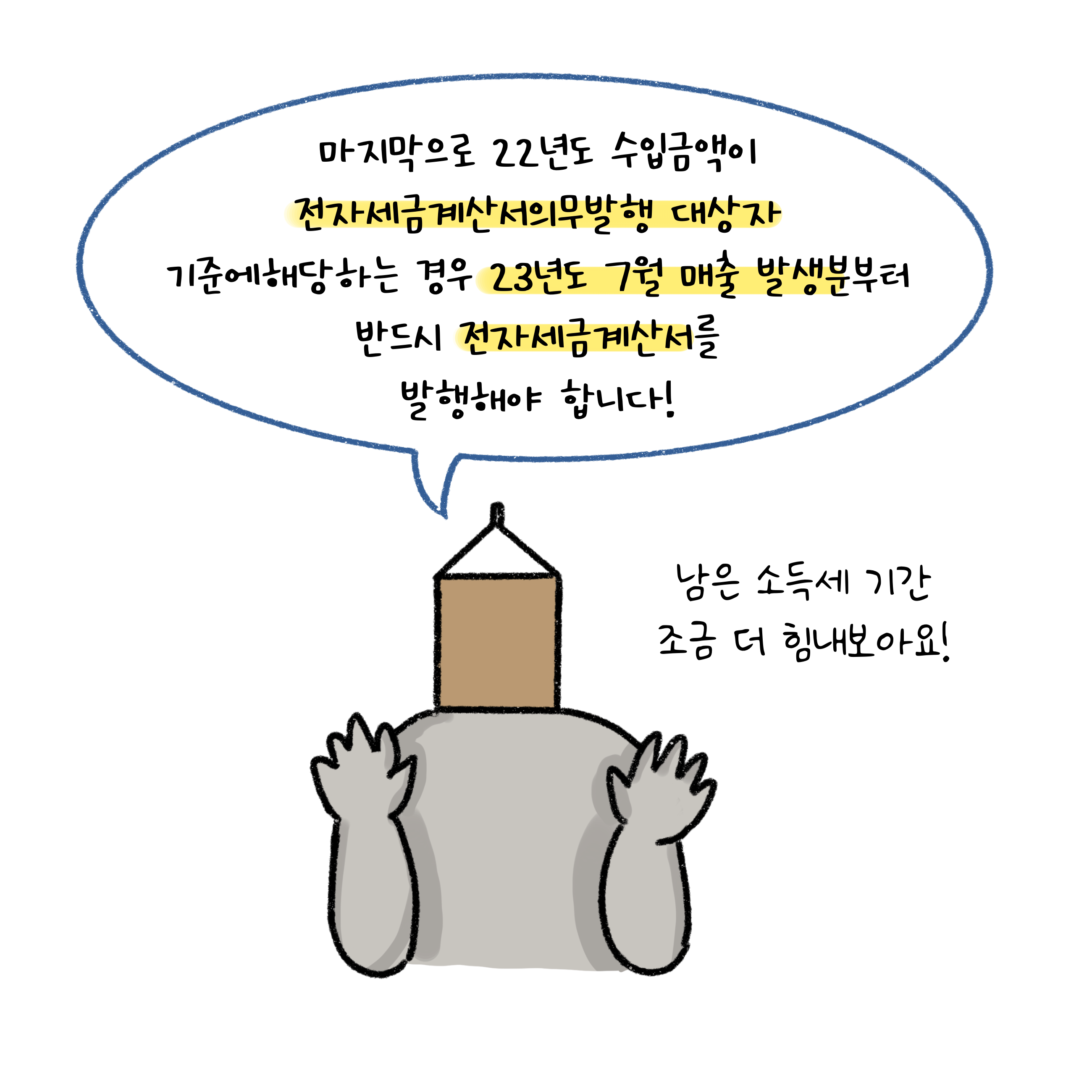 2022년도 수입금액이 전자세금계산서의무발행 대상자 기준에 해당하는 경우 2023년 7월 매출 발생분부터 반드시 전자세금계산서를 발행해야 한다.