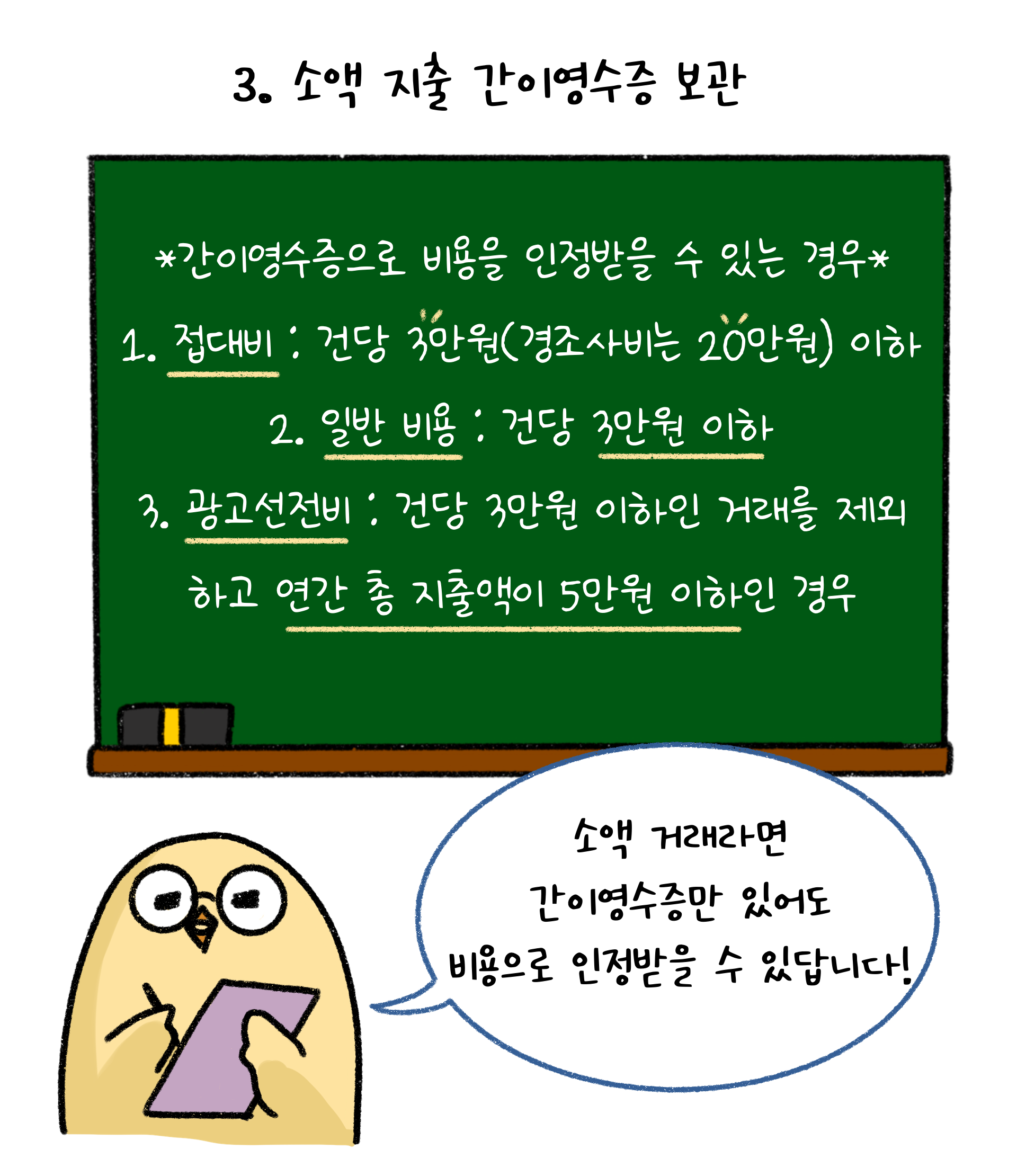 소액 거래라면 간이영수증만 있어도 비용으로 인정받을 수 있으며, 접대비, 일반 비용, 광고선전비로 구분지어 설명하고 있다.