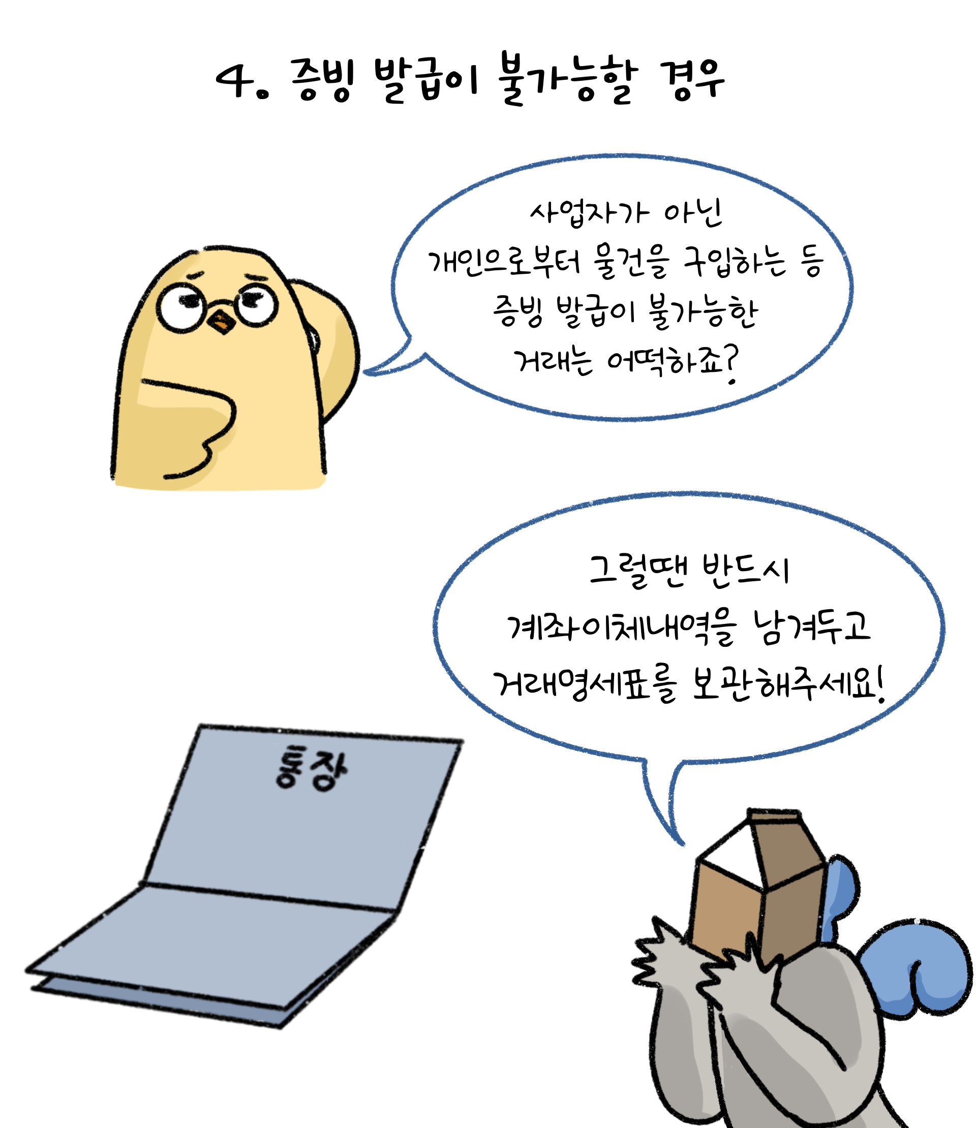 사업자가 아닌 개인으로부터 물건을 구매하는 경우 계좌이체내역을 남겨두고 거래명세표를 보관하여 증빙 가능하다고 설명하고 있다.
