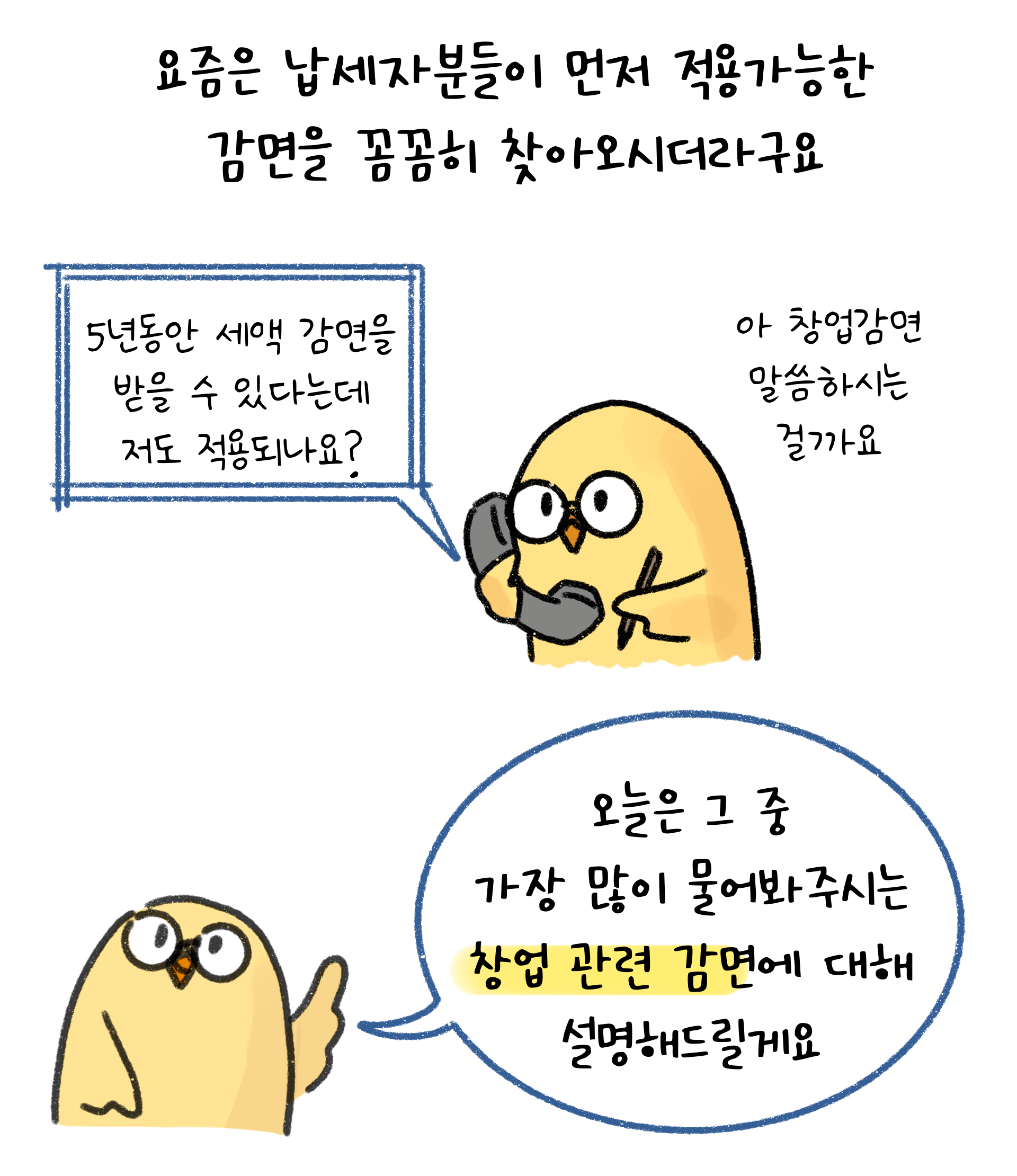 납세자들이 적용가능한 세액 감면을 조사해오는데, 그러한 부분에 도움을 줄 수 있도록 창업 관련 감면을 설명하겠다고 예고하는 장면.