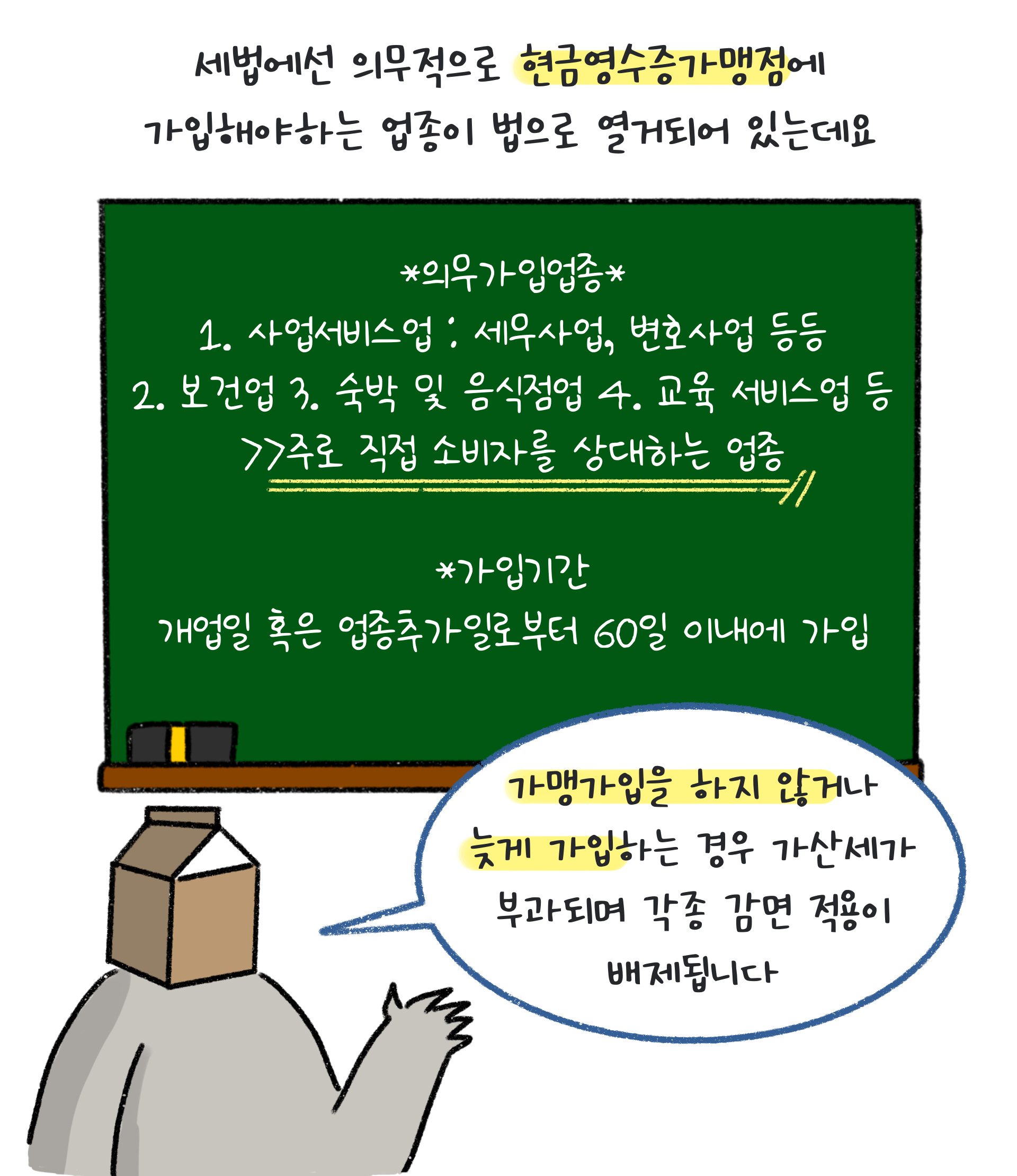 현금영수증가맹점에 의무적으로 가입해야 하는 업종에 대해 설명하고 있다. 가맹가입을 하지 않거나 늦게 가입할 경우 가산세 부과 및 각종 감면을 적용이 배제됨.