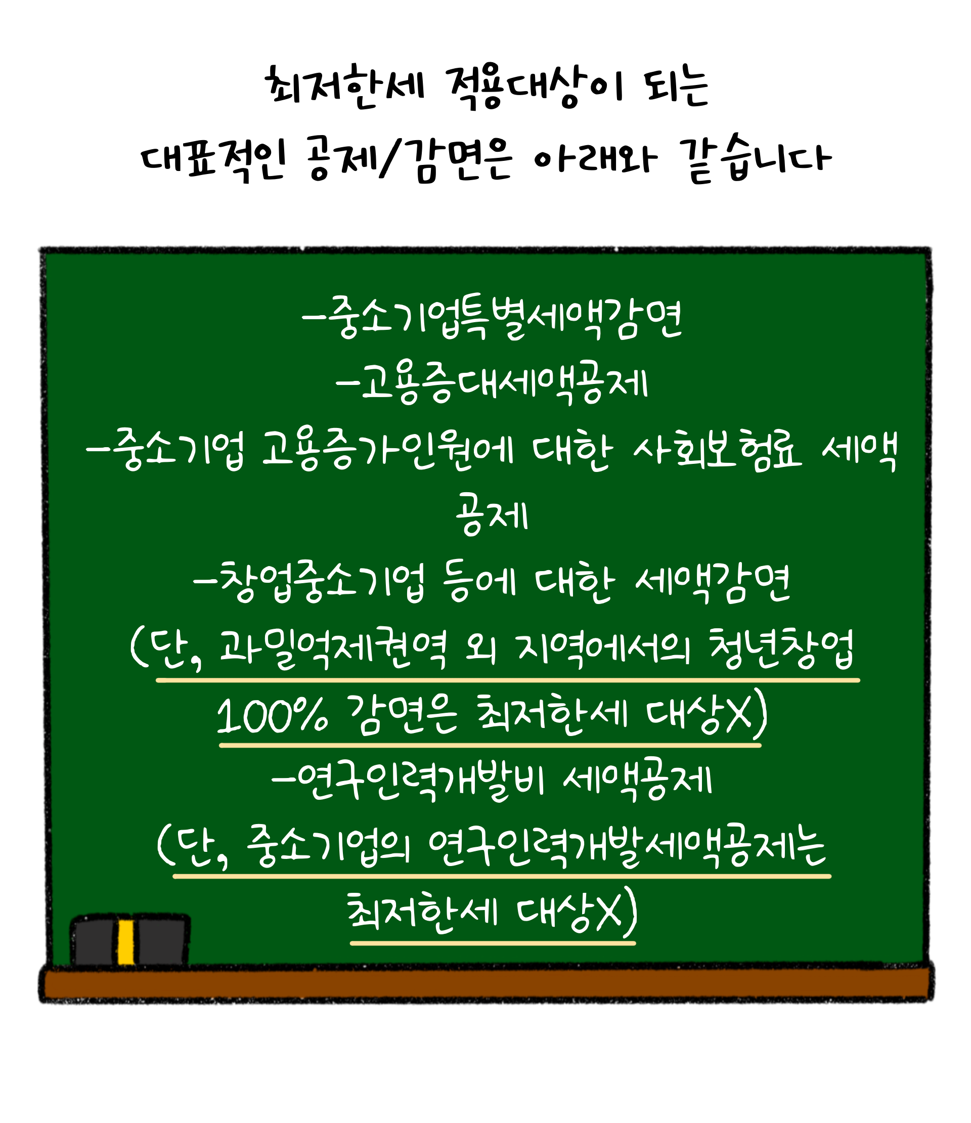 최저한세 적용대상이 되는 대표적인 공제와 감면을 나열해두었다.