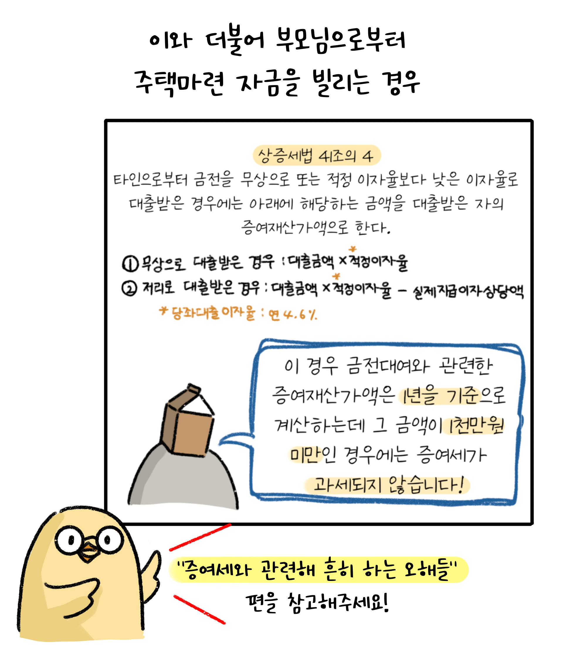 타인으로부터 금전을 무상 또는 적정 이자율보다 낮은 이자율로 대출받은 경우, '증여재산가액'은 1년을 기준으로 계산하며, 그 금액이 1천만원 미만인 경우 증여세 과세 대상이 아님.