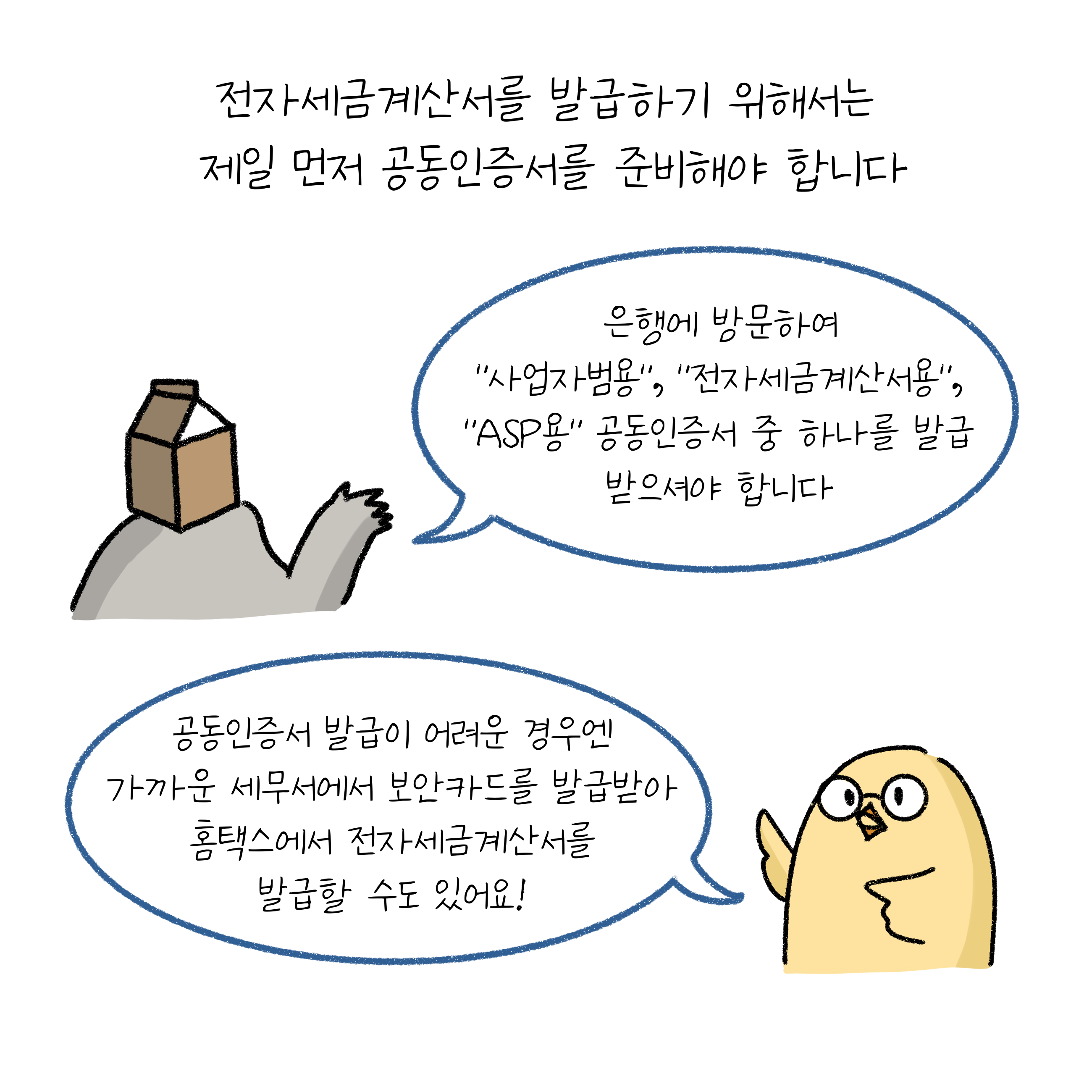 전자세금계산서 발급을 위해서는 공동인증서를 준비해야하며 그에 대한 내용을 담고 있다.
