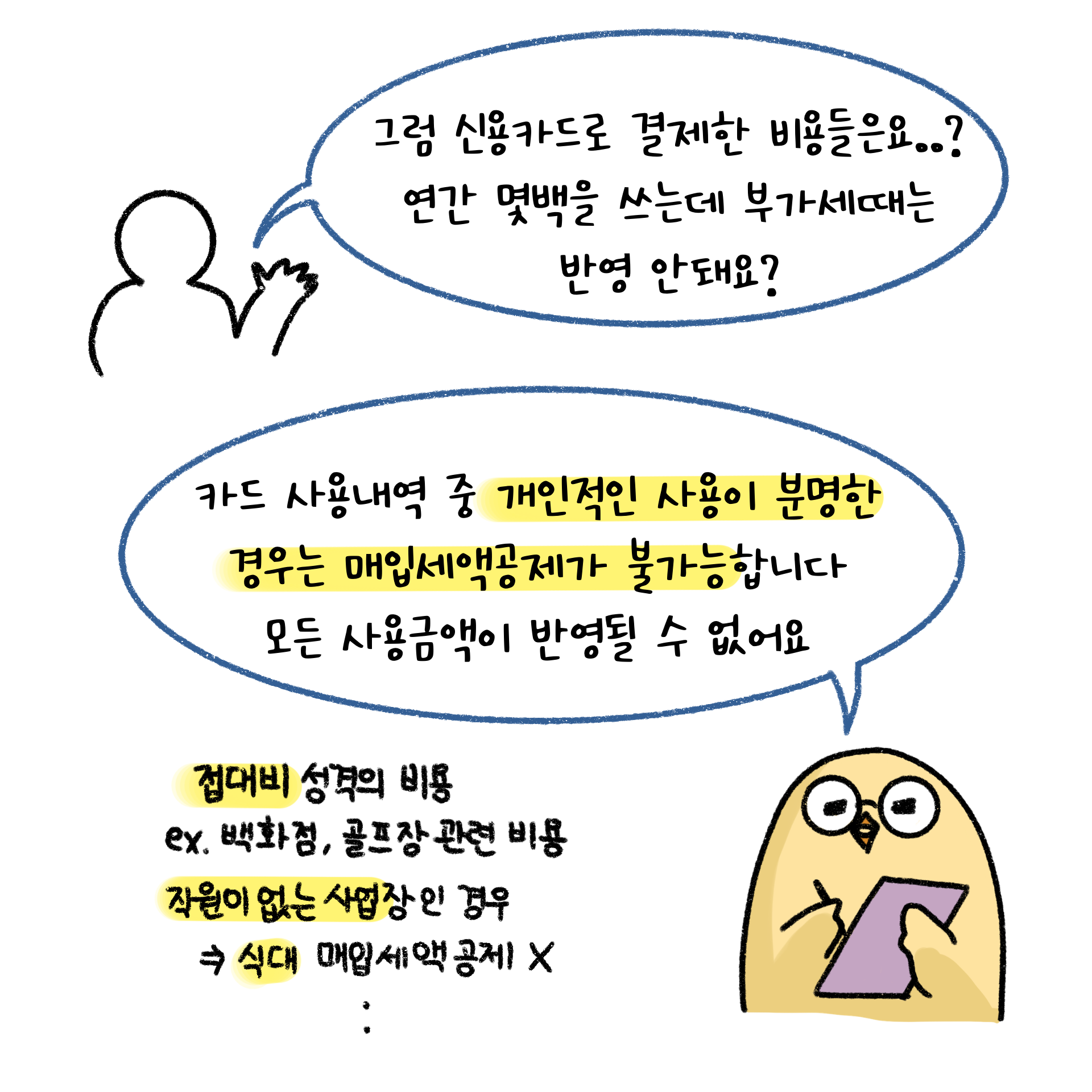 '신용카드'와 '매입세액공제'에 관해 이야기를 하는 이미지. '접대비'성격은 어렵다.