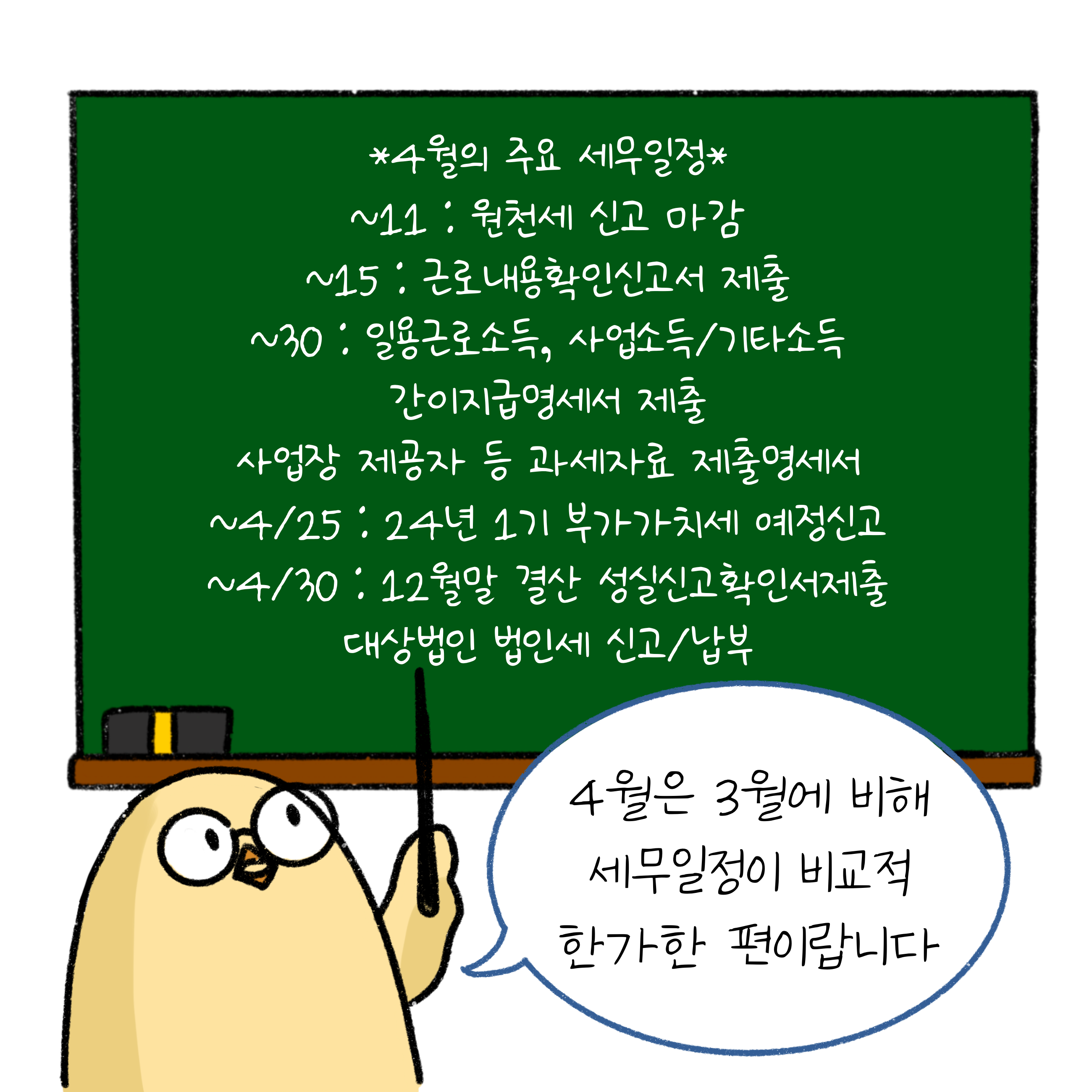 '4월 주요 세무 일정'을 나타내는 이미지. '칠판'이 그려져 있다.  '흰색' 배경과 '검정색' 선으로 이루어진 그림이다.