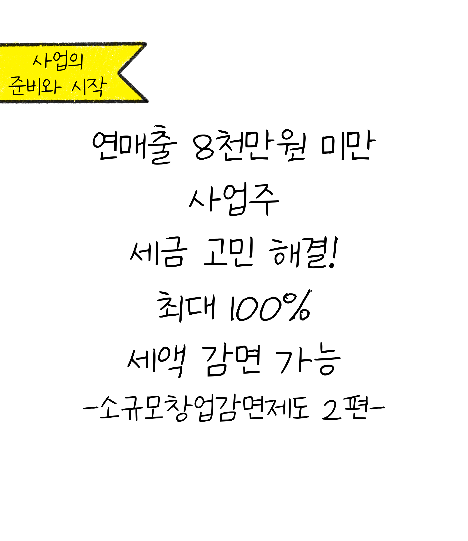 '소규모창업감면제도'를 소개하고자 하는 이미지. 검정색 선과 흰색 배경으로 이루어진 이미지이다.