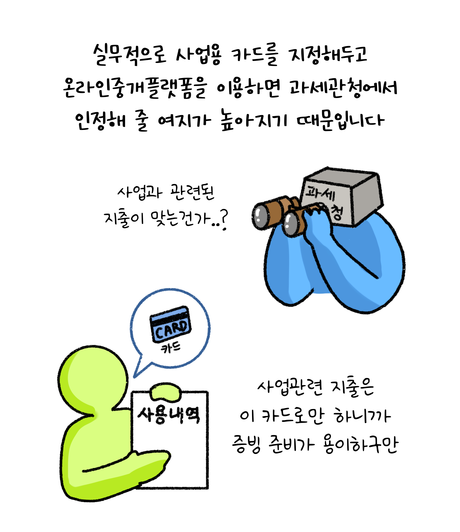 실무적으로 '사업용 카드'를 지정해두고 '온라인중개플랫폼'을 이용하면 해당 사업과 관련된 지출이 맞는건지 증빙이 가능하다.