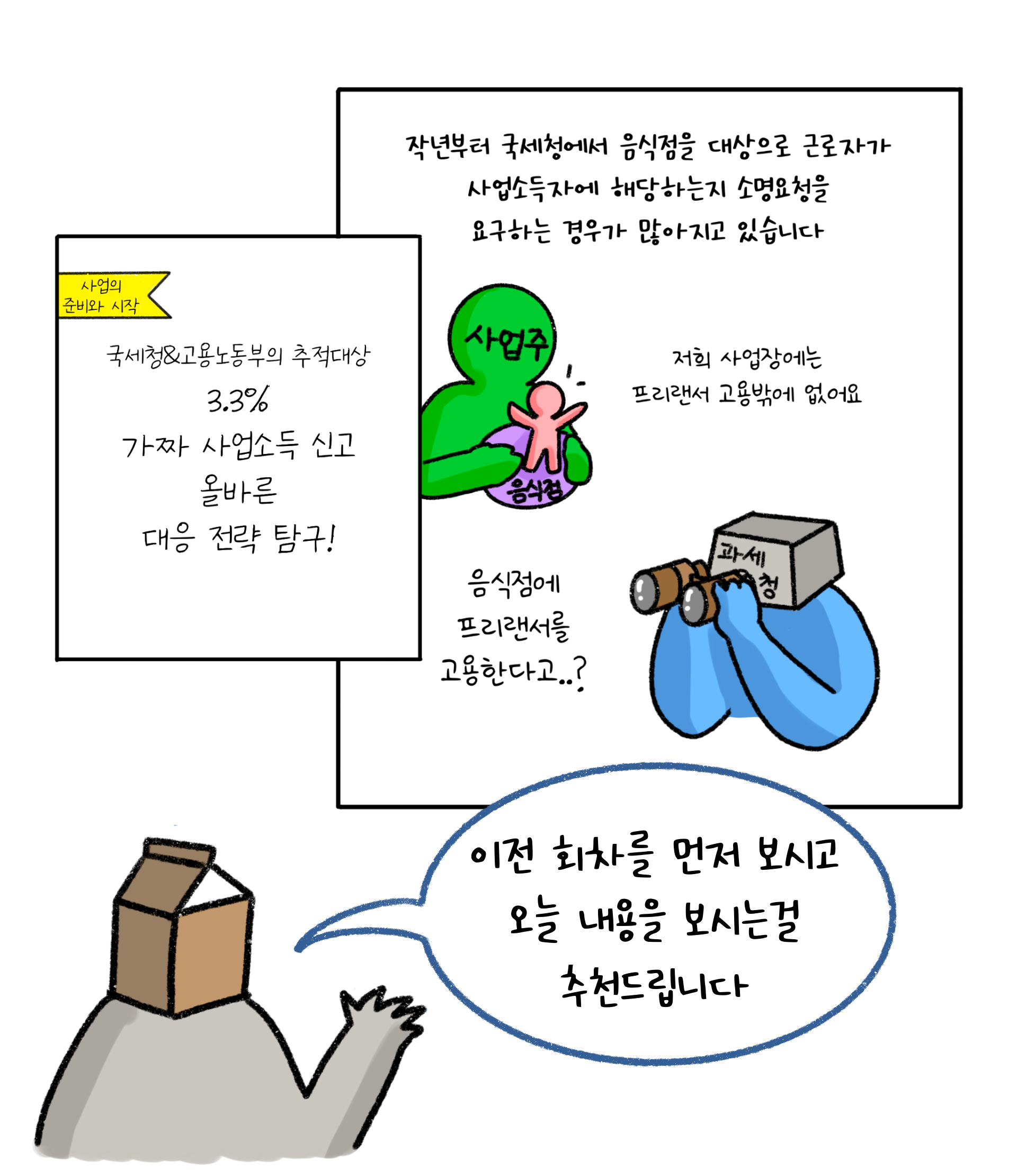 '사업소득 신고'에 대한 올바른 대응 전략을 보여주기 전에 이전 편을 참고하라고 설명하고 있다.
