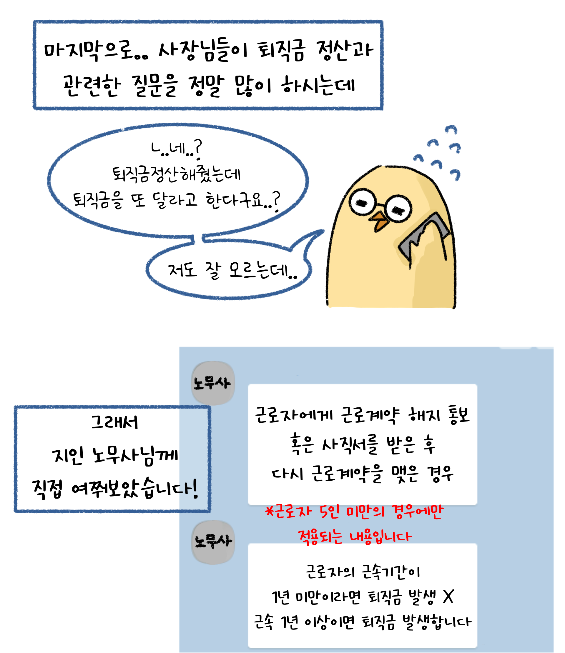 '근로자'에게 '근로계약 해지' 통보 혹은 사직서를 받은 후 다시 근로계약을 맺은 경우 근속기간에 따라 '퇴직금'이 발생한다는 것을 설명하고 있다.
