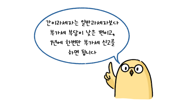 '간이과세자'는 '부가세' 부담이 낮고 1년에 한번만 부가세 신고를 하면 된다는 내용을 설명하고 있다.