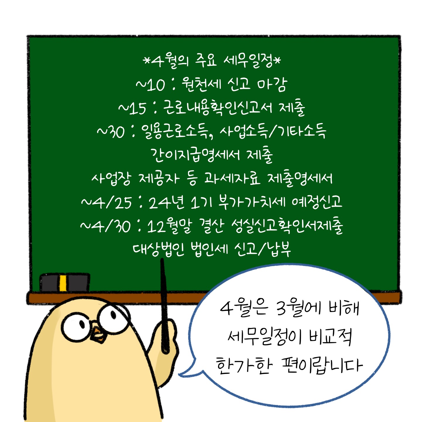 '4월'의 주요 '세무일정'을 칠판에 구체적으로 설명하고 있다.