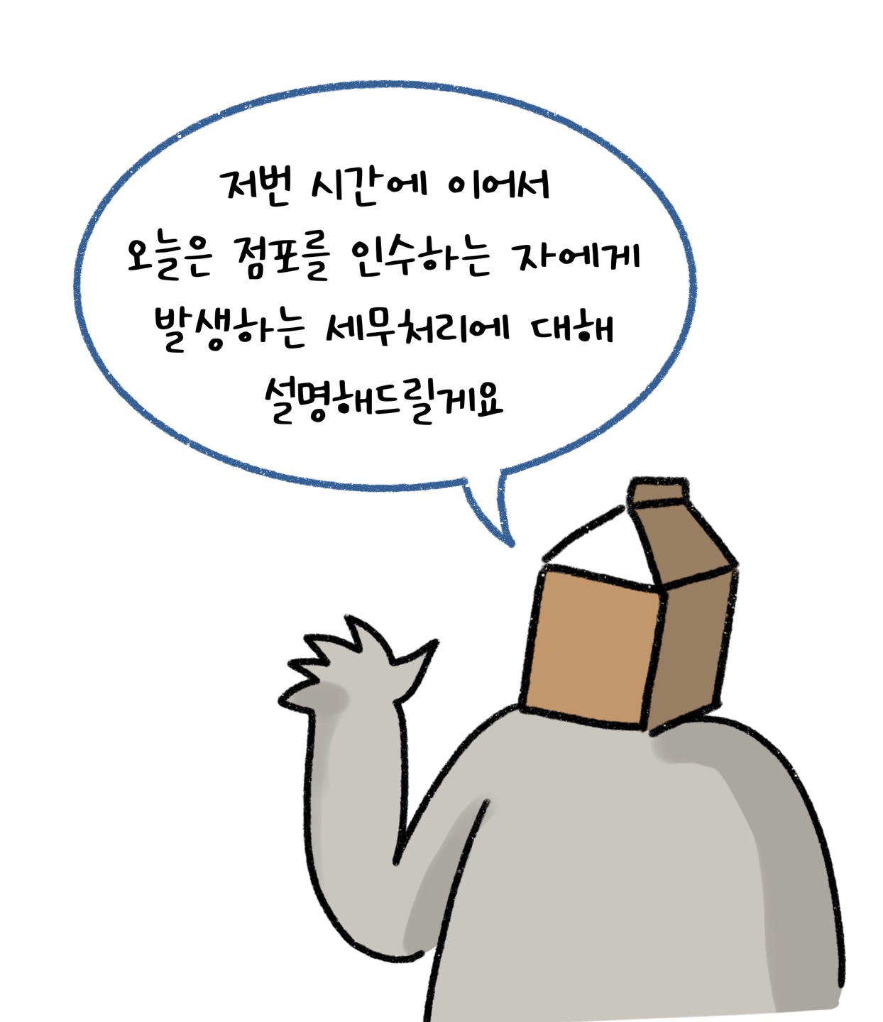 '점포'를 '인수'하는 자에게 발생하는 세무처리에 대해 설명하려는 모습이다.