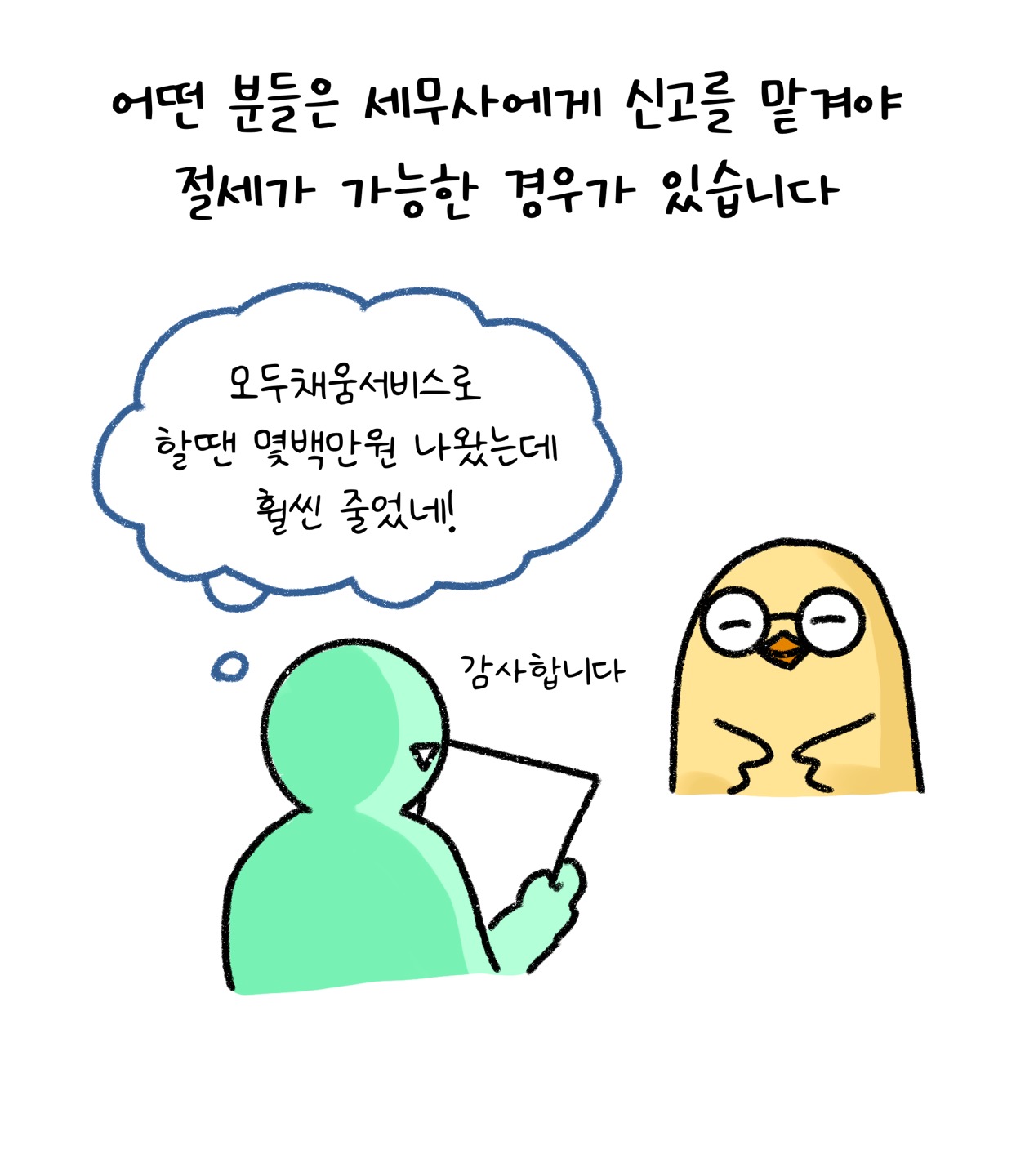 어떤 분들은 '세무사'에게 '신고'를 맡겨야 '절세'가 가능한 경우가 있습니다. 모두 채움서비스로 할때보다 훨씬 줄은 금액으로 신고가 가능한 경우가 있습니다.