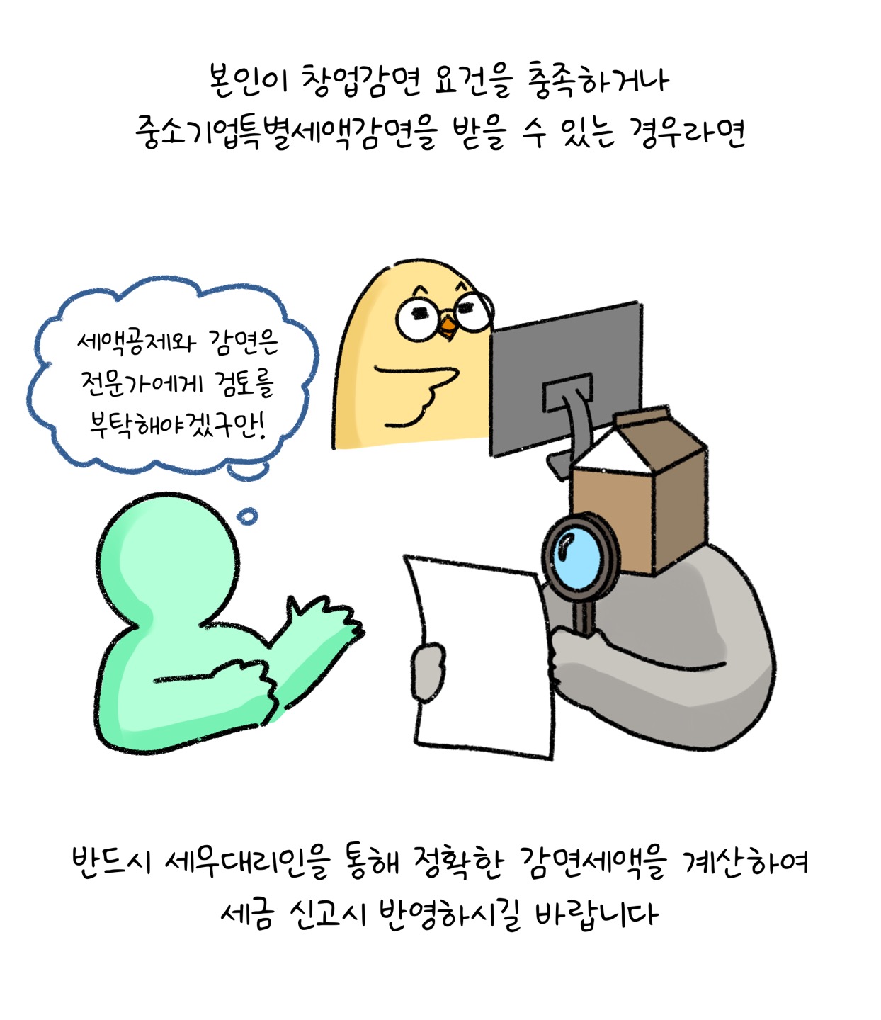 본인이 '창업감면 요건'을 충족하거나 '중소기업특별세액감면'을 받을 수 있는 경우라면 반드시 세무대리인을 통해 정확한 감면세액을 계산하여 세금 신고시 반영하시길 바랍니다.
