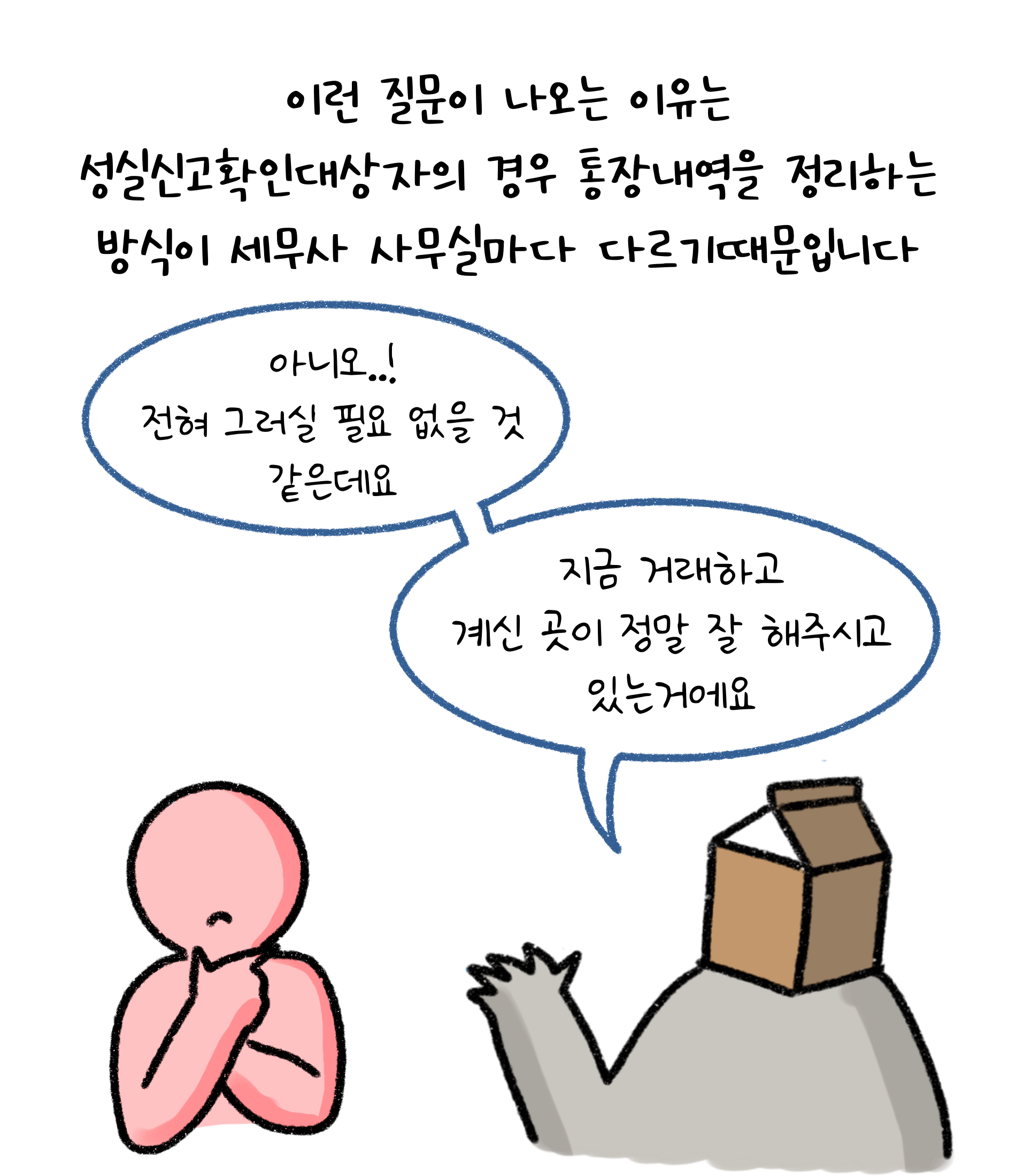 이런 질문이 나오는 이유는 '성실신고 확인대상자'의 경우 '통장내역'을 정리하는 방식이 세무사 사무실마다 다르기 때문입니다. "아니요! 전혀 그러실 필요 없을 것 같은데요. 지금 거래하고 계신 곳이 정말 잘 해주시고 있는 거예요."라는 말이 말풍선 안에 있습니다.