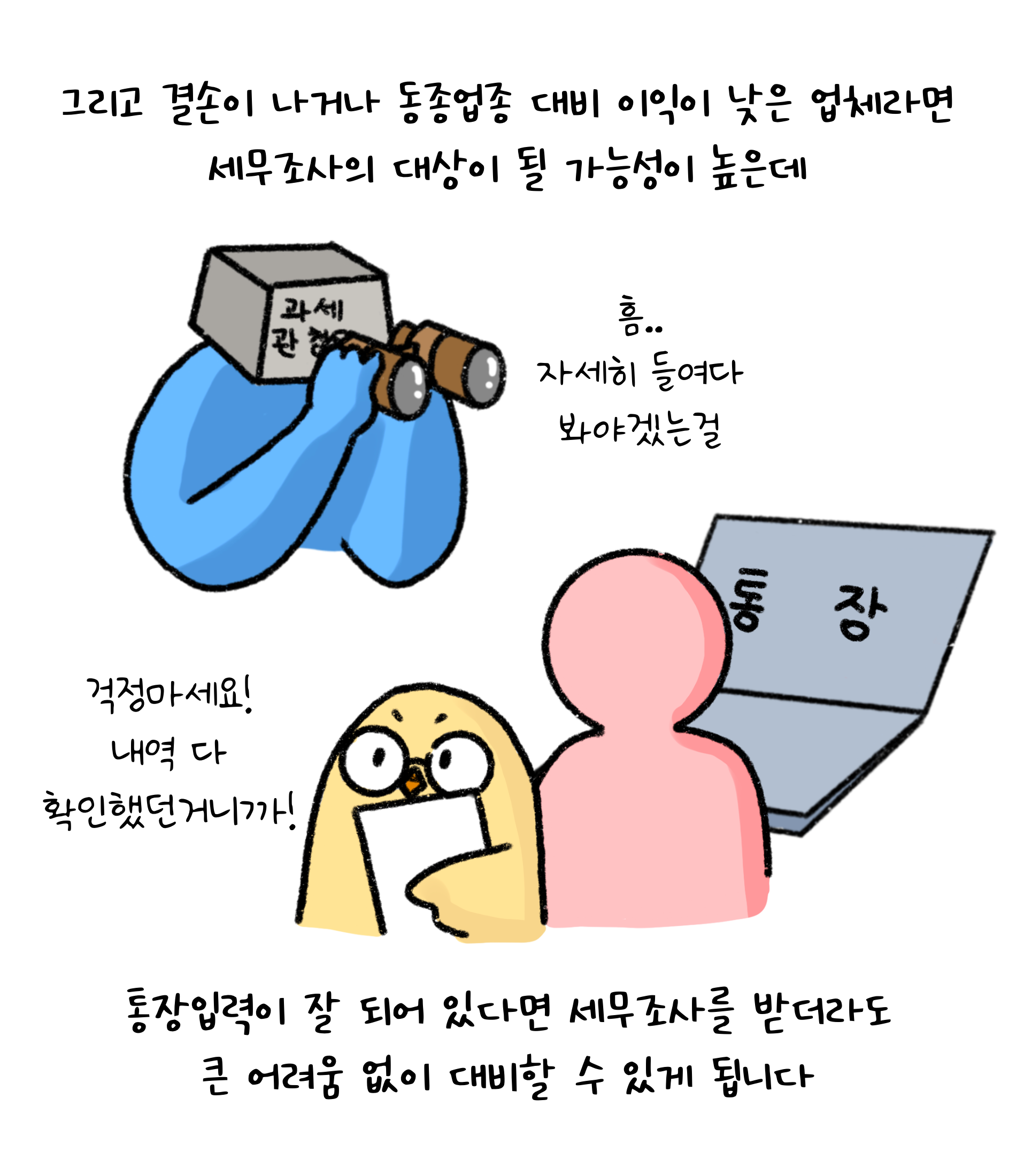 그리고 '결손'이 나거나 동종업종 대비 이익이 낮은 업체라면 '세무조사'의 대상이 될 가능성이 높은데 통장입력이 잘 되어 있다면 세무조사를 받더라도 큰 어려움 없이 대비할 수 있게 됩니다.