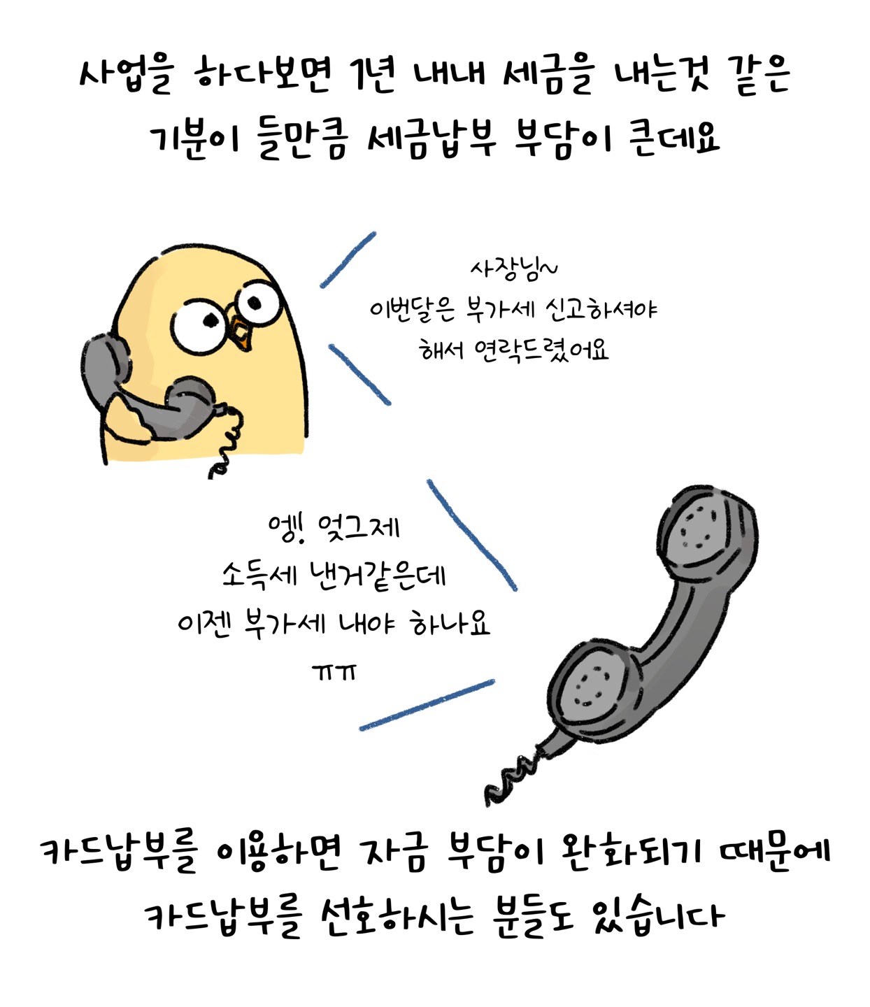 사업을 하다보면 1년 내내 '세금'을 내는것 같은 기분이 들 만큼 세금납부 부담이 큰데요. '카드납부'를 이용하면 자금 부담이 완화되기 때문에 카드납부를 선호하시는 분들도 있습니다. 사장님~ 이번달은 부가세 신고하셔야 해서 연락드렸어요. 엥! 엊그제 소득세 낸거 같은데 이젠 부가세 내야하나요라는 대사와 함께 정리되었다.