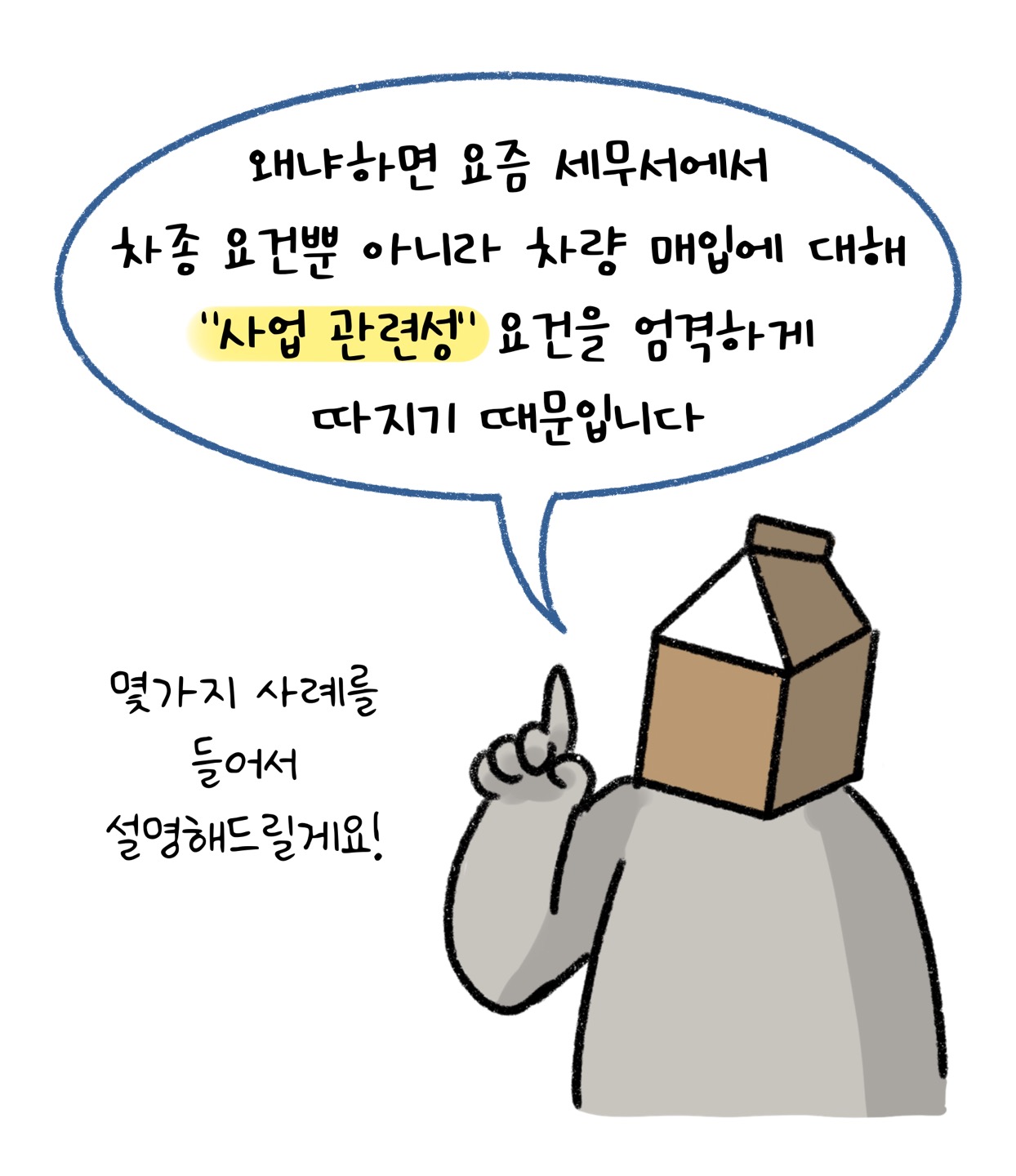 왜냐하면 요즘 '세무서'에서 차종 요건뿐 아니라 차량 매입에 대해 '사업 관련성' 요건을 엄격하게 따지기 때문입니다.