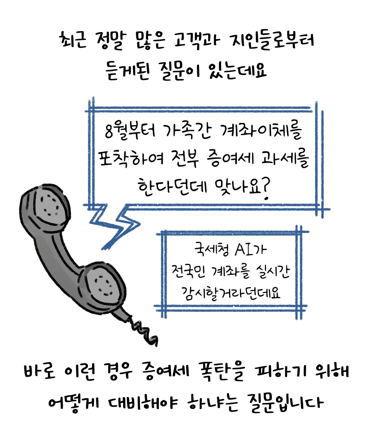 최근 정말 많은 고객과 지인들로부터 듣게 된 질문이 있는데요. 8월부터 '가족간 계좌이체'를 포착하여 전부 '증여세 과세'를 한다던데 맞나요? '국세청 AI'가 전국민 계좌를 실시간 감시할거라던데요. 바로 이런 경우 증여세 폭탄을 피하기 위해 어떻게 대비해야 하냐는 질문입니다.