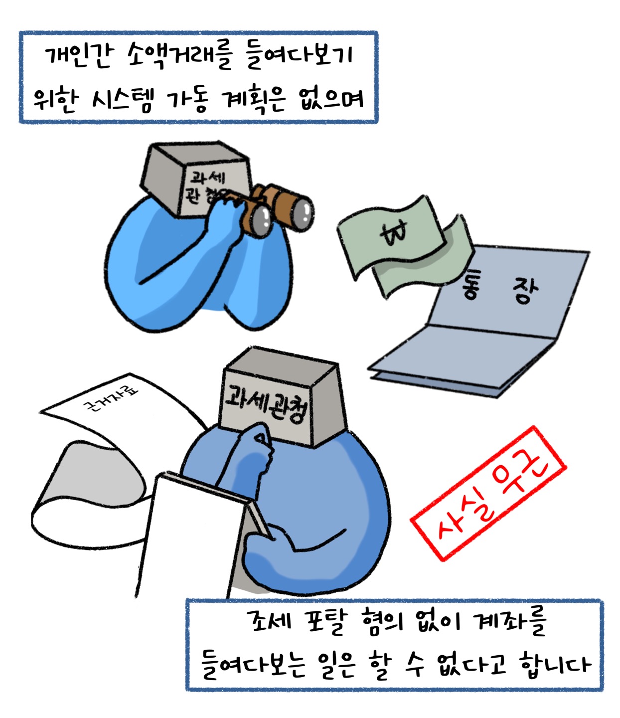 개인간 '소액거래'를 들여다보기 위한 시스템 가동 계획은 없으며 '조세 포탈' 혐의 없이 계좌를 들여다보는 일은 할 수 없다고 합니다.