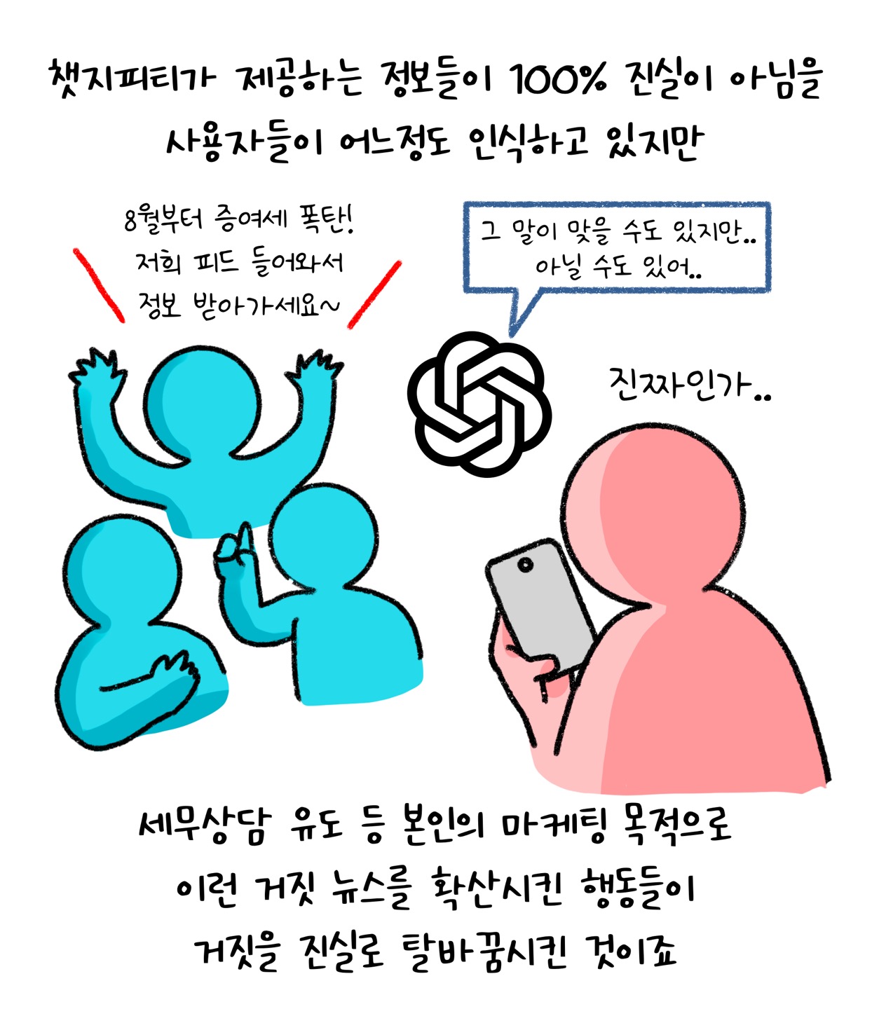 '챗지피티'가 제공하는 정보들이 100% 진실이 아님을 사용자들이 어느정도 인식하고 있지만, 8월부터 증여세 폭탄! 저희 피드 들어와서 정보 받아가세요~ 그 말이 맞을 수도 있지만.. 아닐 수도 있어.. 세무상담 유도 등 본인의 마케팅 목적으로 이런 거짓 뉴스를 확산시킨 행동들이 거짓을 진실로 탈바꿈시킨 것이죠.