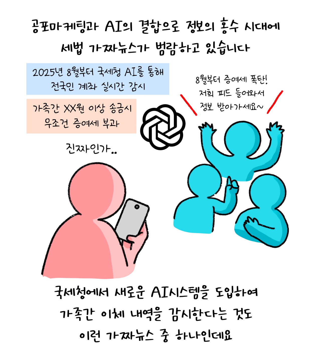 '공포마케팅'과 'AI'의 결합으로 정보의 홍수 시대에 세법 가짜뉴스가 범람하고 있습니다. 2025년 8월부터 국세청 AI를 통해 전국민 계좌 실시간 감시. 가족간 XX원 이상 송금시 무조건 증여세 부과. 8월부터 증여세 폭탄! 저희 피드 들어와서 정보 받아가세요~ 국세청에서 새로운 AI시스템을 도입하여 가족간 이체 내역을 감시한다는 것도 이런 가짜뉴스 중 하나인데요.