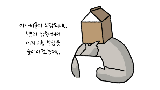 '이자비용'이 부담되네.. 빨리 '상환'해서 이자비용 부담을 줄여야겠는데라고 말하면서 고민하는 모습입니다.