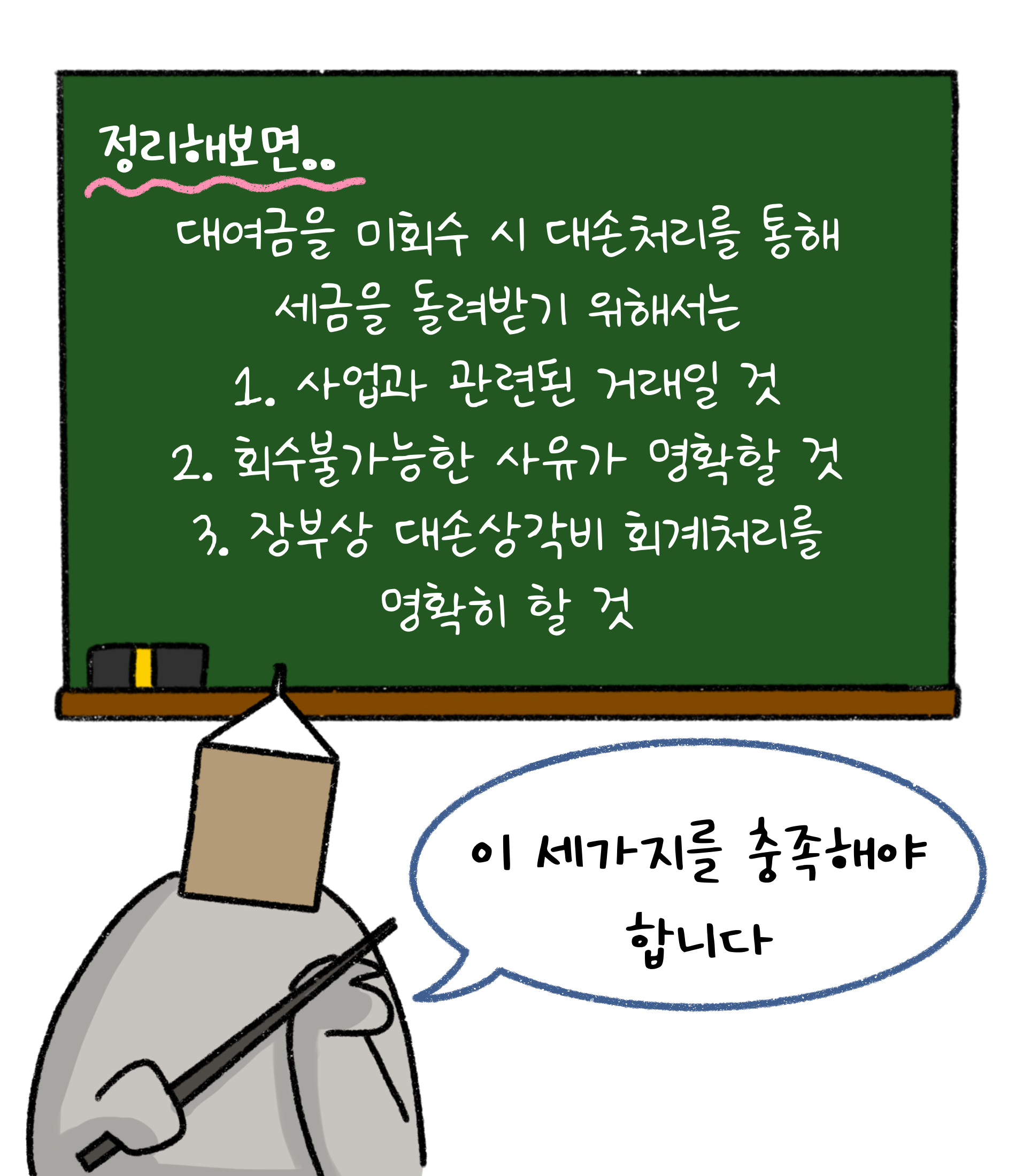 정리해보면 '대여금'을 '미회수' 시 '대손처리'를 통해 세금을 돌려받기 위해서는 사업과 관련된 거래일 것, 회수불가능한 사유가 명확할 것, 장부상 대손상각비 회계처리를 명확히 할 것. 이 세 가지를 충족해야 합니다.