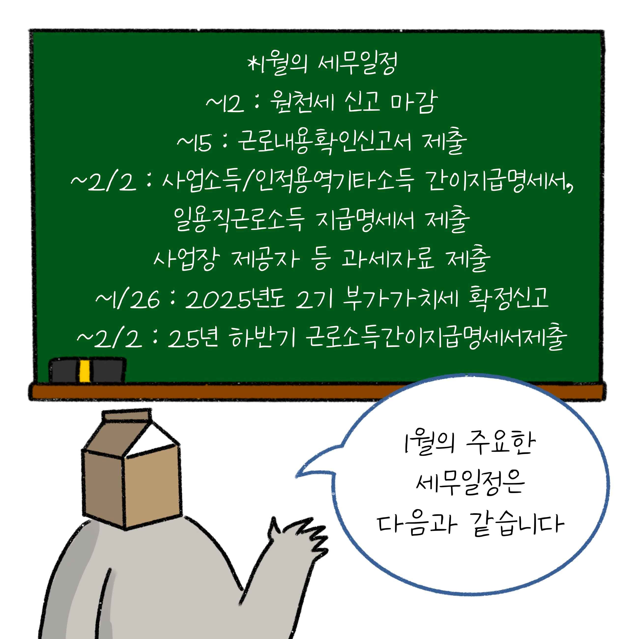 '1월'의 주요 '세무일정'인 원천세 신고마감, 근로내용확인신고서제출, 사업소득/인적용역기타소득 간이지급명세서, 일용직근로소득 지급명세서 제출, 사업장 제공자 등 과세자료 제출, 2025년도 2기 부가가치세 확정신고, 25년 하반기 근로소득간이지급명세서 제출에 대해 적혀있습니다.