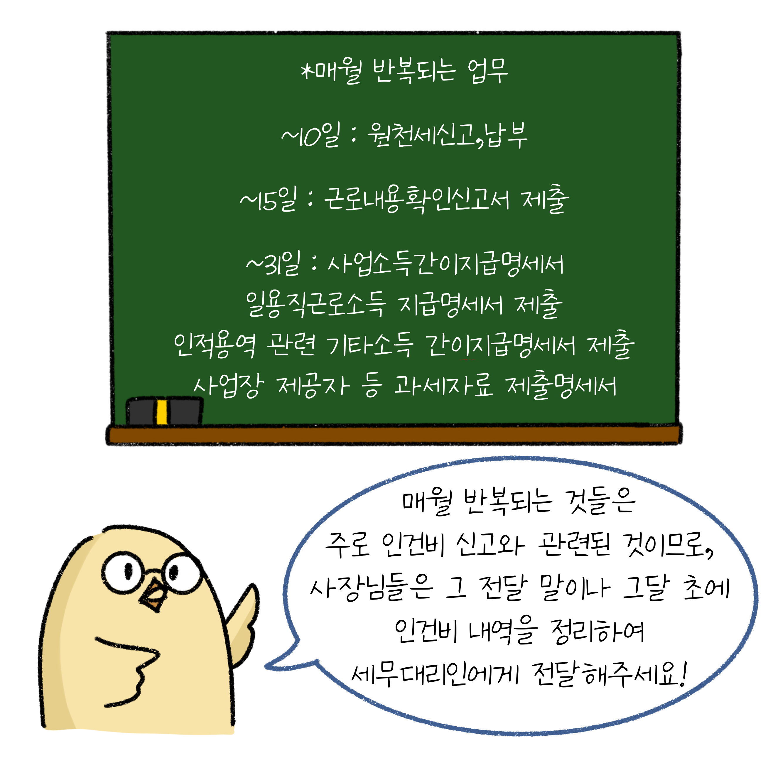 '2월'의 주요 '세무일정'인 원천세 신고, 납부,  근로내용확인신고서 제출, 사업소득 간이지급명세서, 일용직근로소득 지급명세서 제출, 인적용역 관련 기타소득 간이지급명세서 제출, 사업장 제공자 등 과세자료 제출명세서 등 과세자료 제출. 매월 반복되는 것들은 주로 인건비 신고와 관련된 것이므로, 사장님들은 그 전달 말이나 그달 초에 인건비 내역을 정리하여 세무대리인에게 전달해주세요!