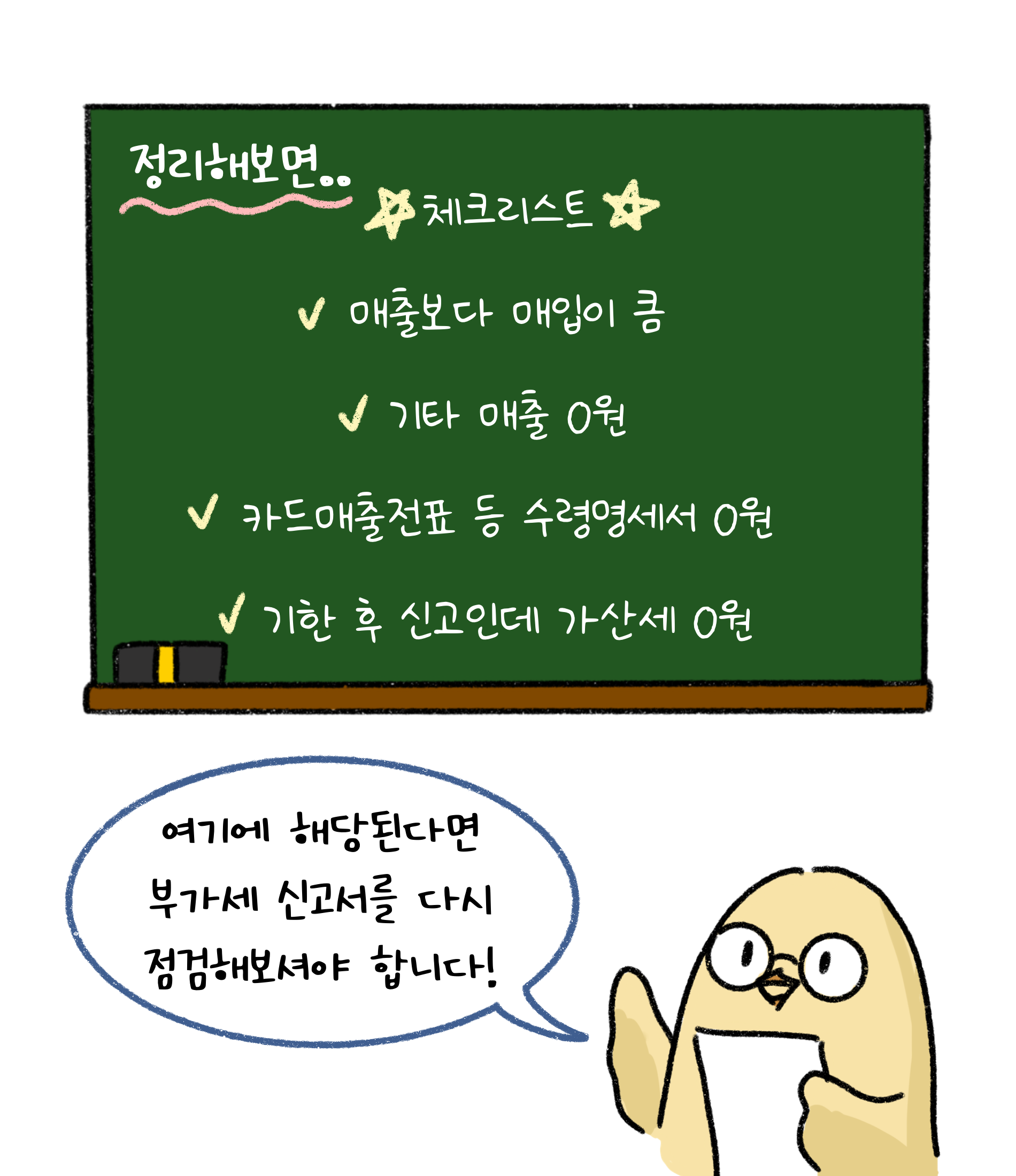 정리해보면.. 체크리스트. 매출보다 매입이 큼. 기타 매출 0원. 카드매출전표 등 '수령명세서' 0원. 기한 후 신고인데 가산세 0원. 여기에 해당된다면 부가세 신고서를 다시 점검해보셔야 합니다.