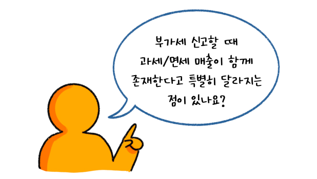 '부가세 신고'할 때 과세/면세 매출이 함께 존재한다고 특별히 달라지는 점이 있나요?라고 말하는 모습입니다.