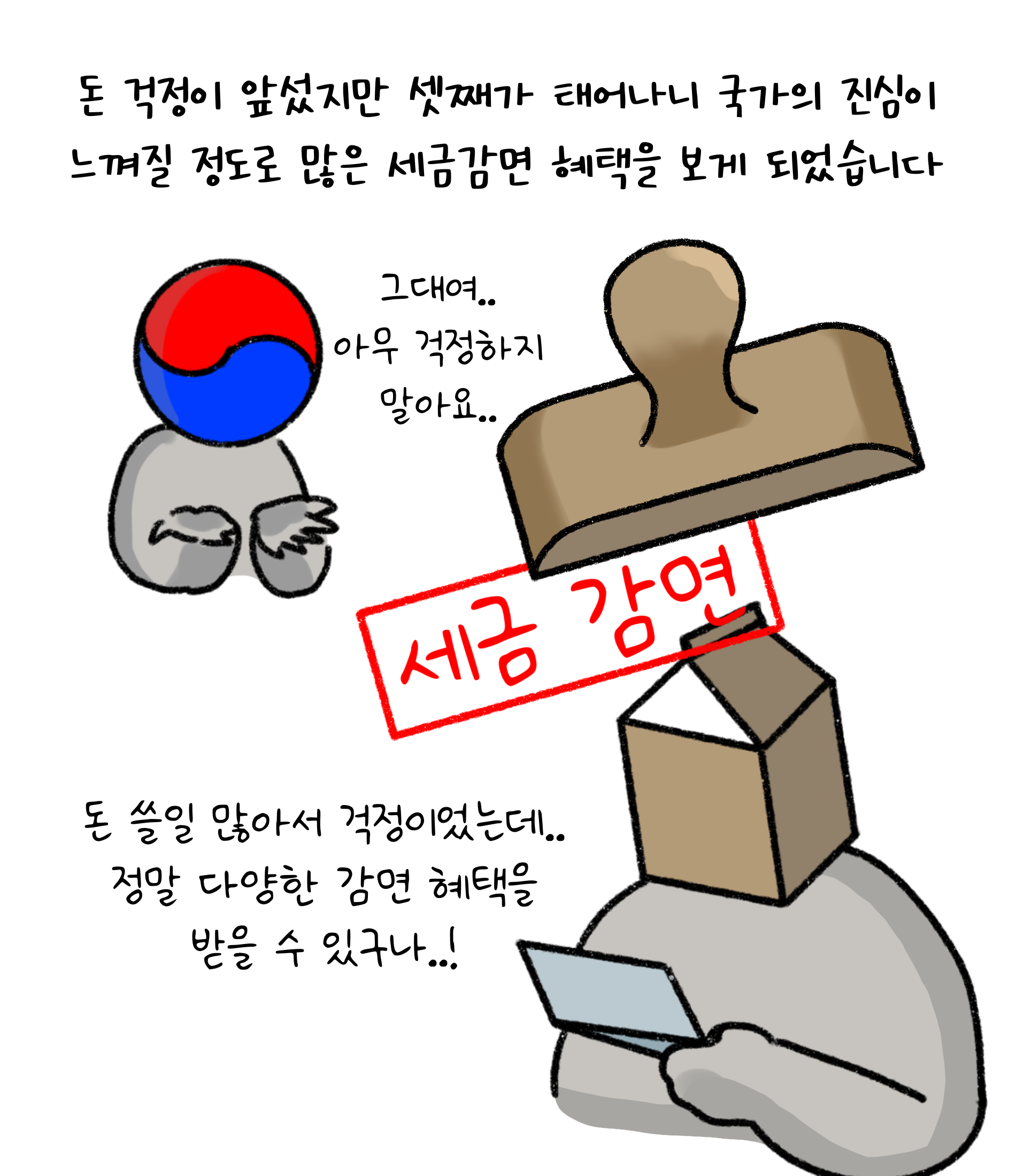 '돈 걱정'이 앞섰지만 셋째가 태어나니 국가의 진심이 느껴질 정도로 많은 '세금감면 혜택'을 보게 되었습니다. 돈 쓸일이 많아서 걱정이었는데, 정말 다양한 감면 혜택을 받을 수 있구나.