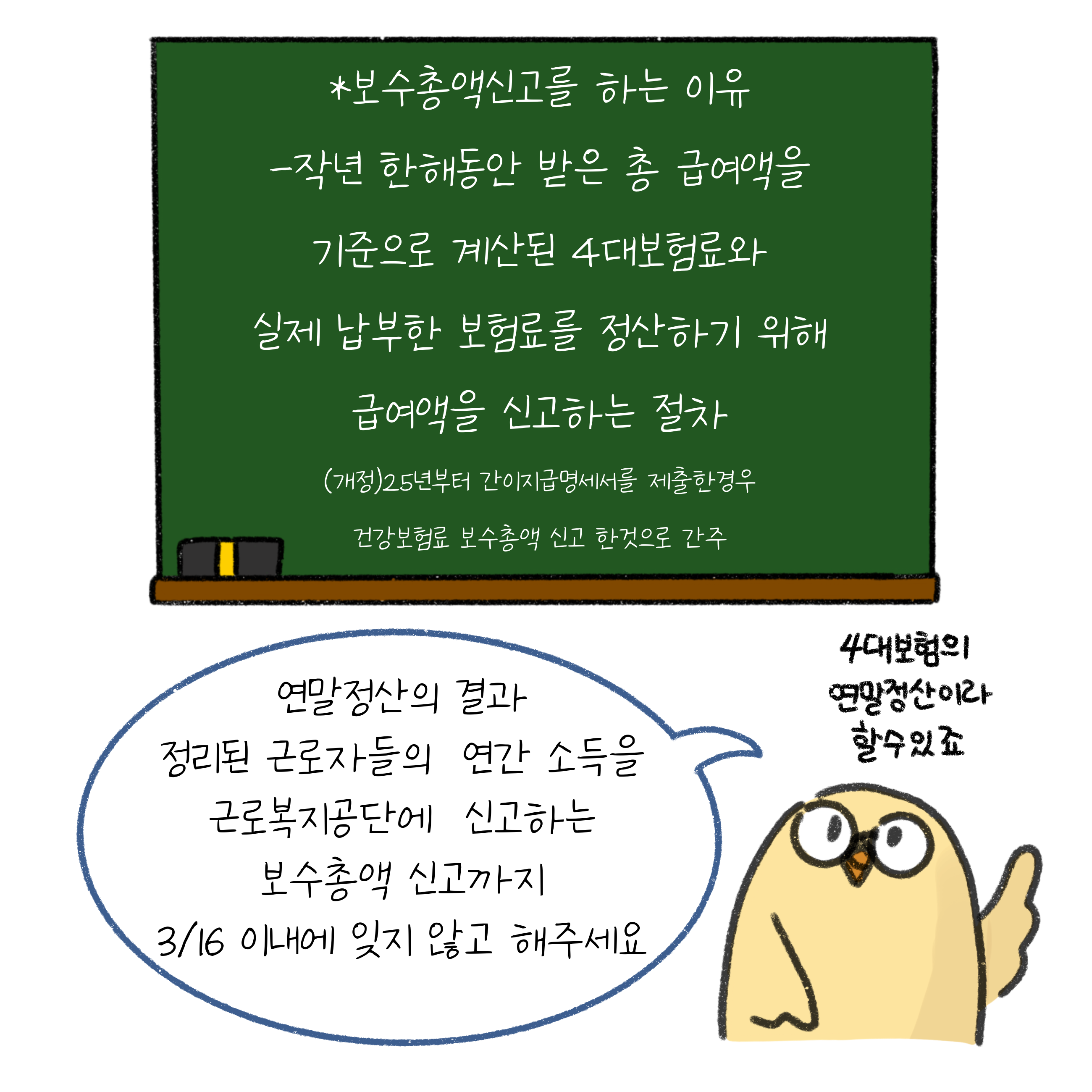 '보수총액신고'를 하는 이유. 작년 한해동안 받은 총 급여액을 기준으로 계산된 4대보험료와 실제 납부한 보험료를 정산하기 위해 급여액을 신고하는 절차. (개정)25년부터 간이지급명세서를 제출한경우 건강보험료 보수총액 신고 한 것으로 간주. 연말정산의 결과 정리된 근로자들의 연간 소득을 근로복지공단에 신고하는 보수총액 신고까지 3/16 이내에 잊지 않고 해주세요. 4대보험의 연말정산이라 할 수 있죠.