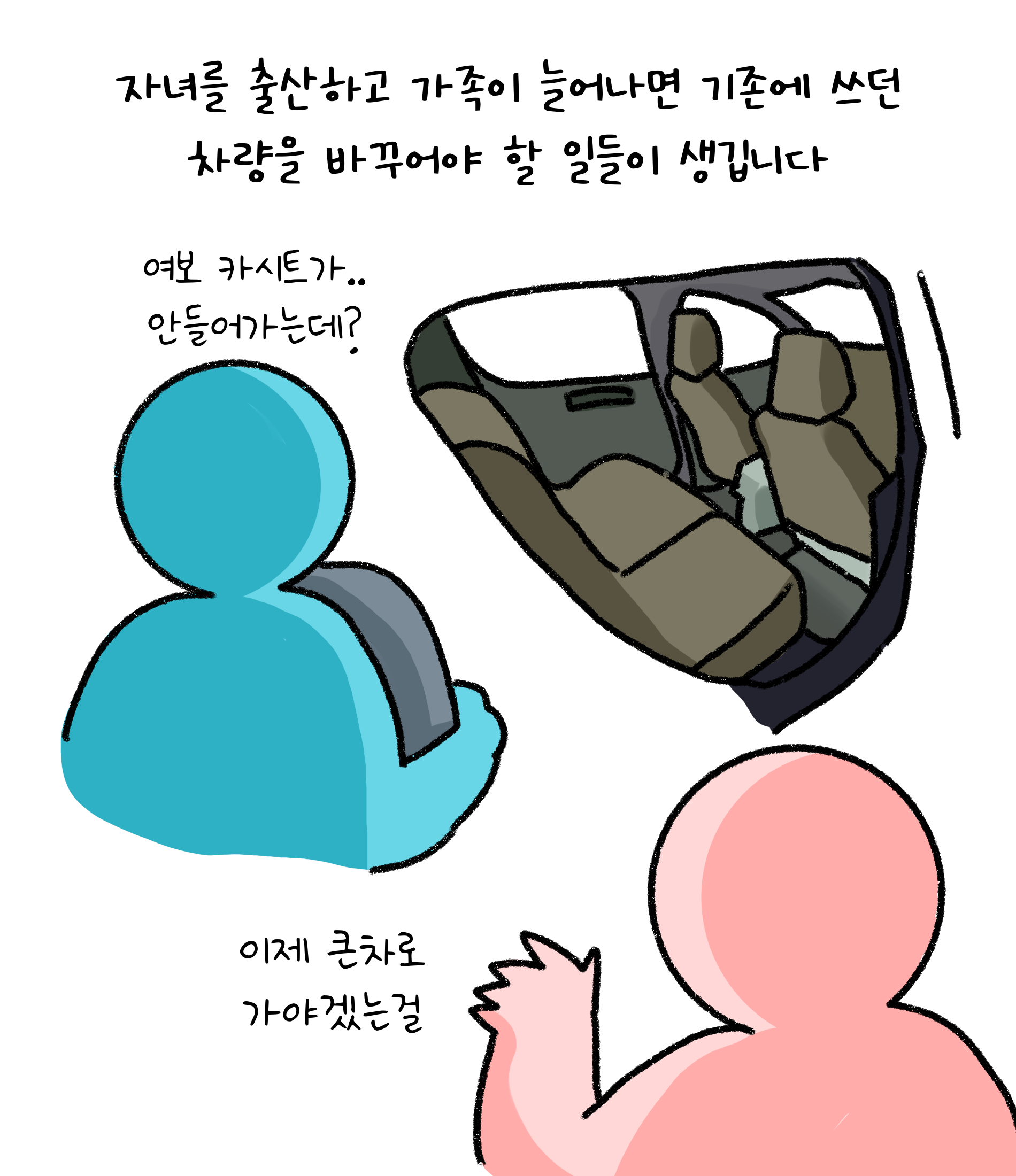 자녀를 '출산'하고 가족이 늘어나면 기존에 쓰던 차량을 바꾸어야 할 일들이 생깁니다. 여보 '카시트'가 안들어가는데? 이제 큰차로 가야겠는걸.