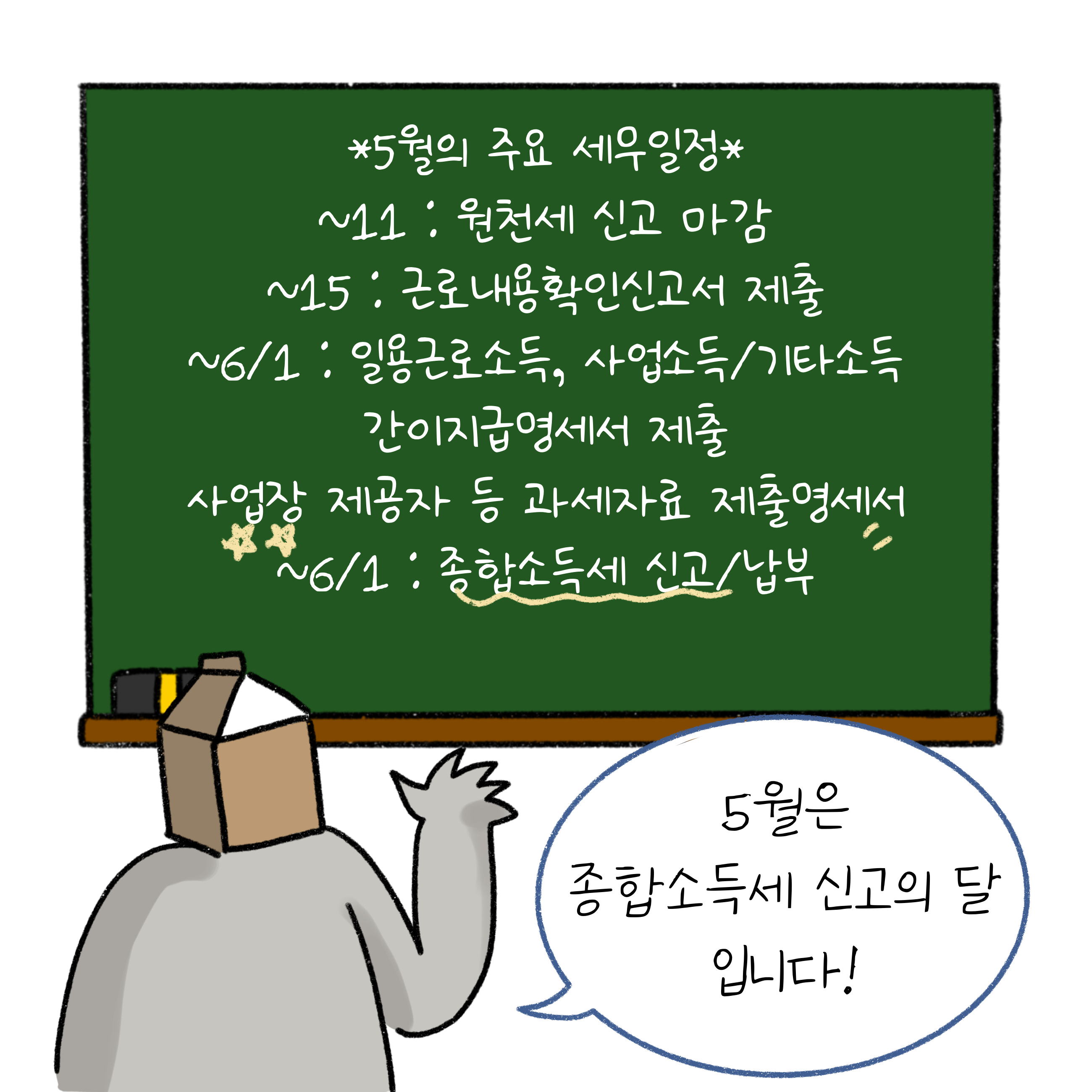 '5월'의 주요 '세무일정'인 원천세 신고 마감, 근로내용확인신고서 제출, 일용근로소득, 사업소득/기타소득 간이지급명세서 제출, 사업장 제공자 등 과세자료 제출명세서, 종합소득세 신고 및 납부 등 5월은 '종합소득세' 신고의 달 입니다.