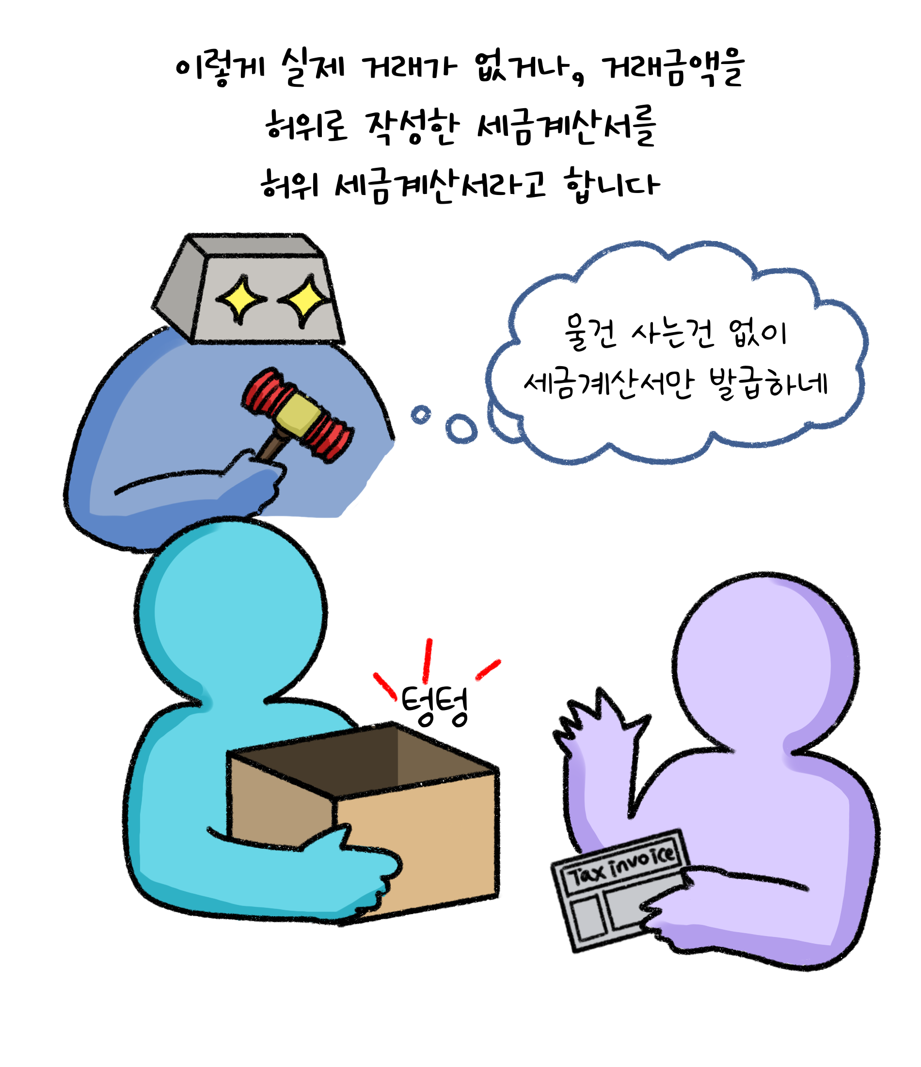 이렇게 실제 거래가 없거나, '거래금액'을 허위로 작성한 세금계산서를 허위 세금계산서라고 합니다. 물건 사는건 없이 세금계산서만 발급하네.
