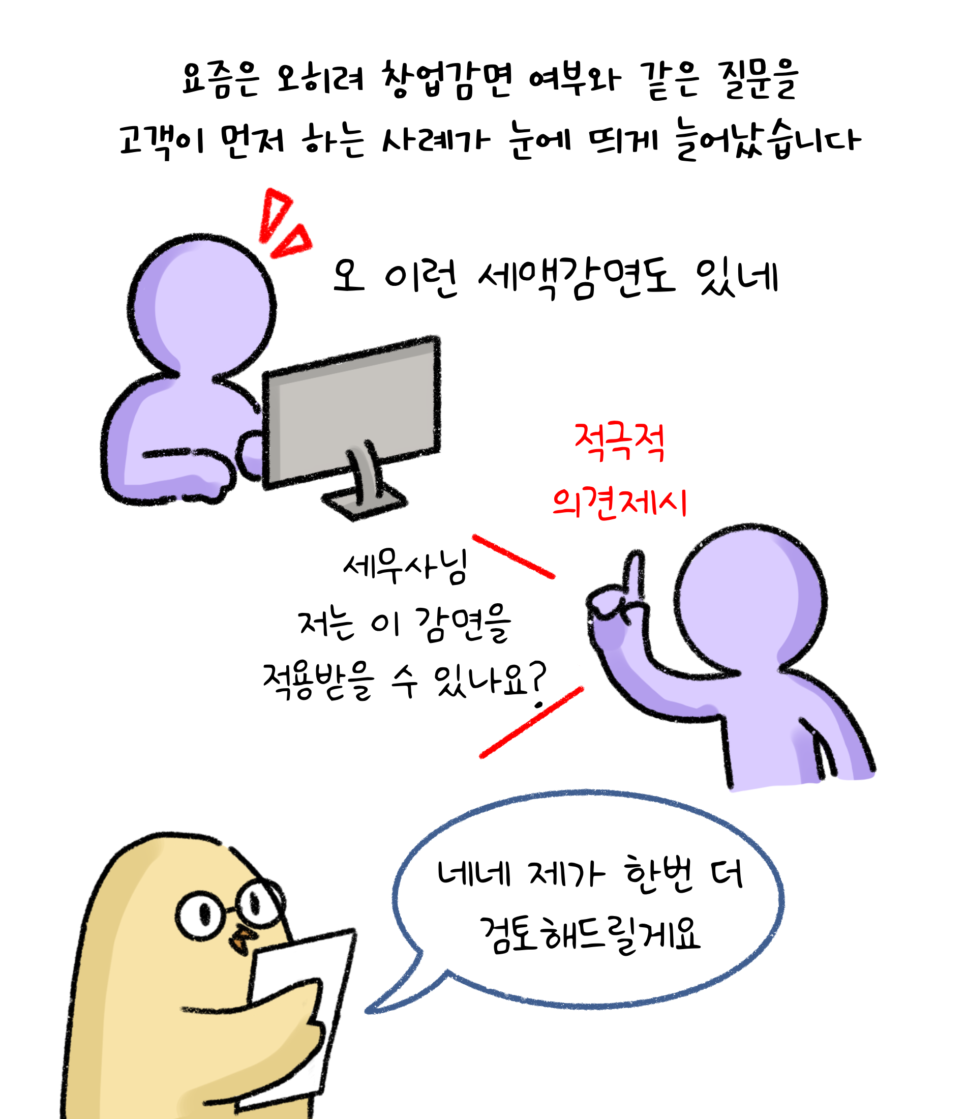 요즘은 오히려 '창업감면' 여부와 같은 질문을 고객이 먼저 하는 사례가 눈에 띄게 늘어났습니다. 오 이런 세액감면도 있네. 세무사님 저는 이 감면을 적용받을 수 있나요? 네네 제가 한번 더 검토해드릴게요.