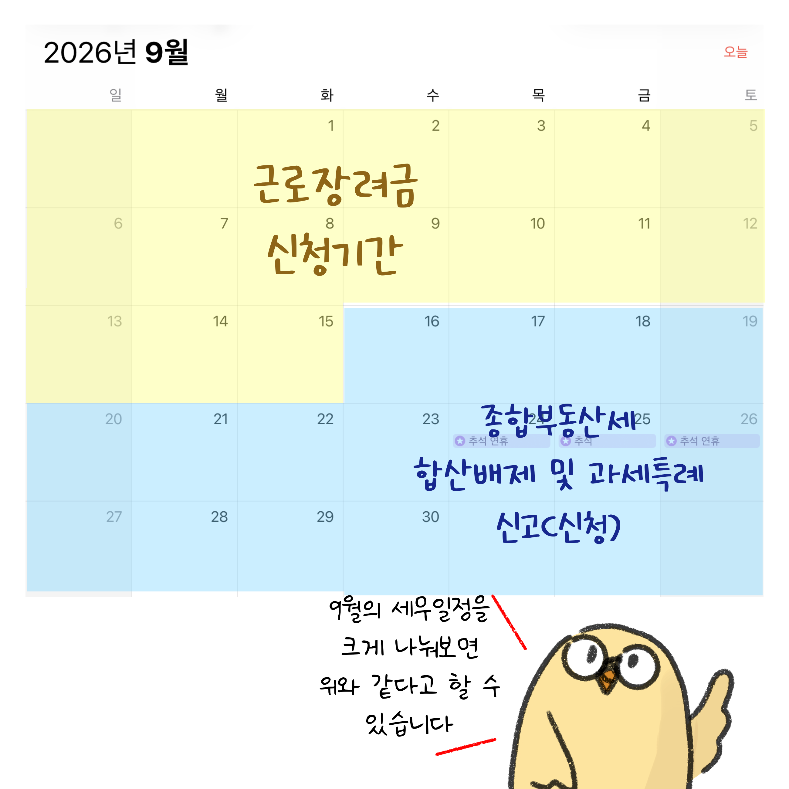 근로장려금 신청기간, '종합부동산세' 합산배제 및 과세특례 신고. 9월의 세무일정을 크게 나눠보면 위와 같다고 할 수 있습니다.