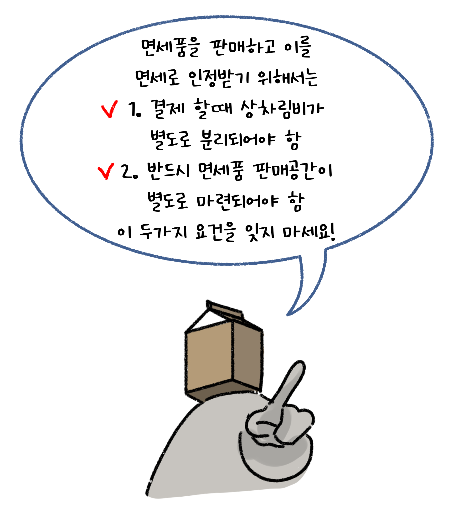'면세품'을 판매하고 이를 면세로 인정받기 위해서는 1. 결제 할때 상차림비가 별도로 분리되어야 함. 2. 반드시 면세품 판매공간이 별도로 마련되어야 함. 이 두가지 요건을 잊지 마세요.