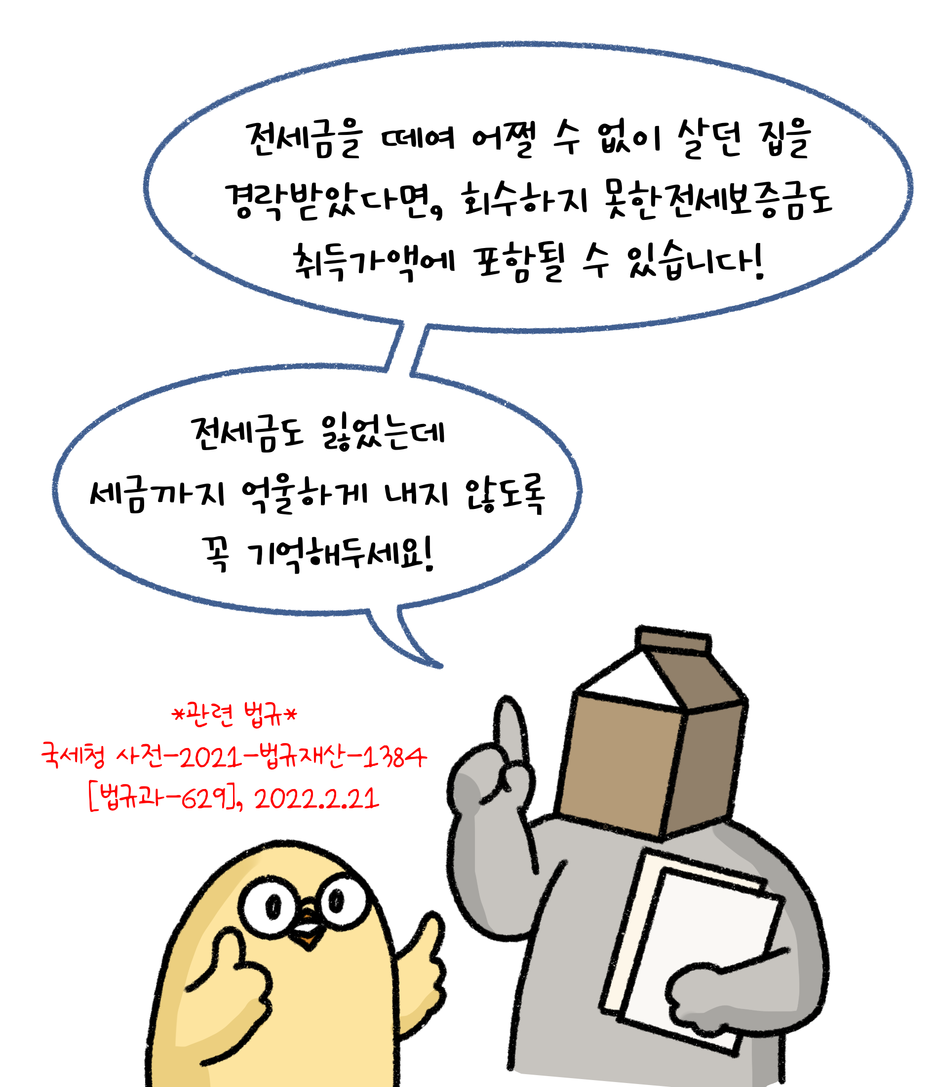 '전세금'을 떼여 어쩔 수 없이 살던 집을 경락받았다면, 회수하지 못한 전세보증금도 취득가액에 포함될 수 있습니다! 전세금도 잃었는데 세금까지 억울하게 내지 않도록 꼭 기억해두세요!