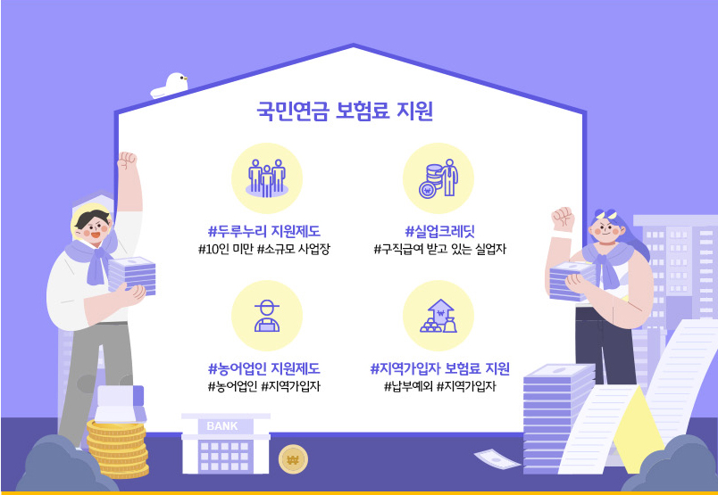 국민연금 보험료 지원받는 방법 4가지를 간단한 아이콘과 해시태그로 안내하는 이미지. 그 방법에는 '두루누리 지원제도', '실업크레딧', '농어업인 지원제도', '지역가입자 보험료 지원' 등이 있다.